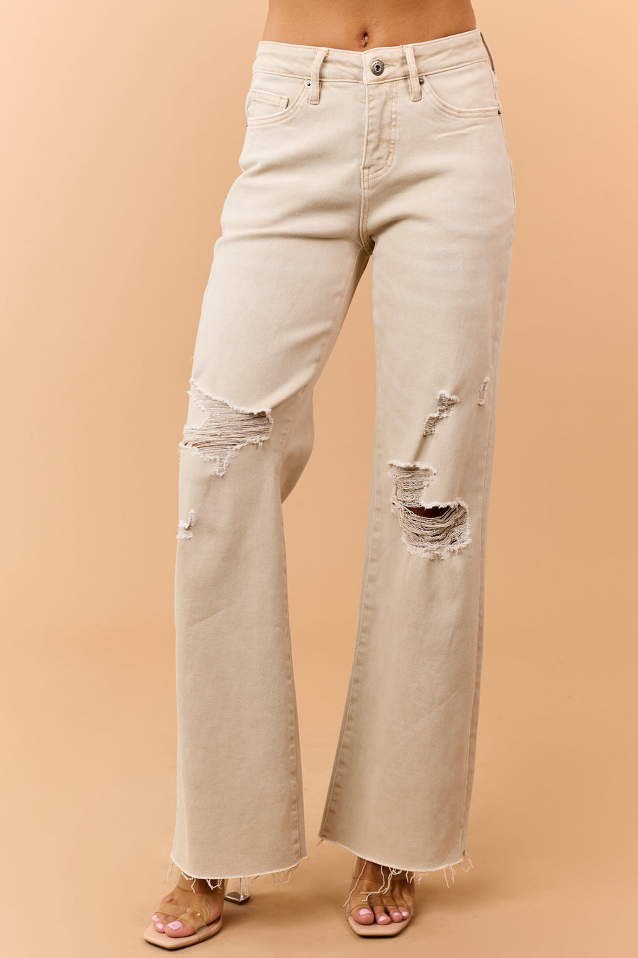 Mica Denim Sand Distressed Tummy Control Wide Jeans