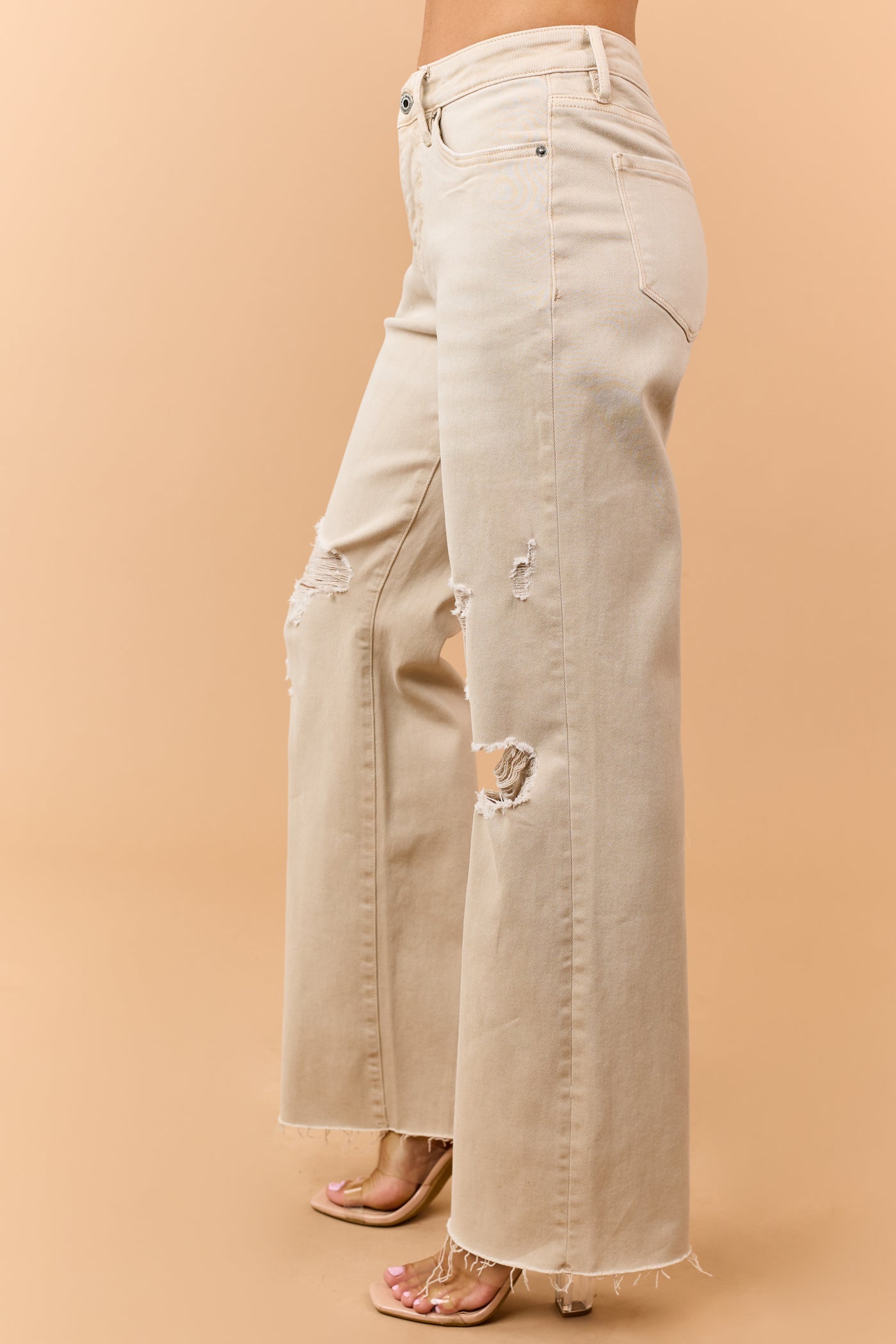 Mica Denim Sand Distressed Tummy Control Wide Jeans