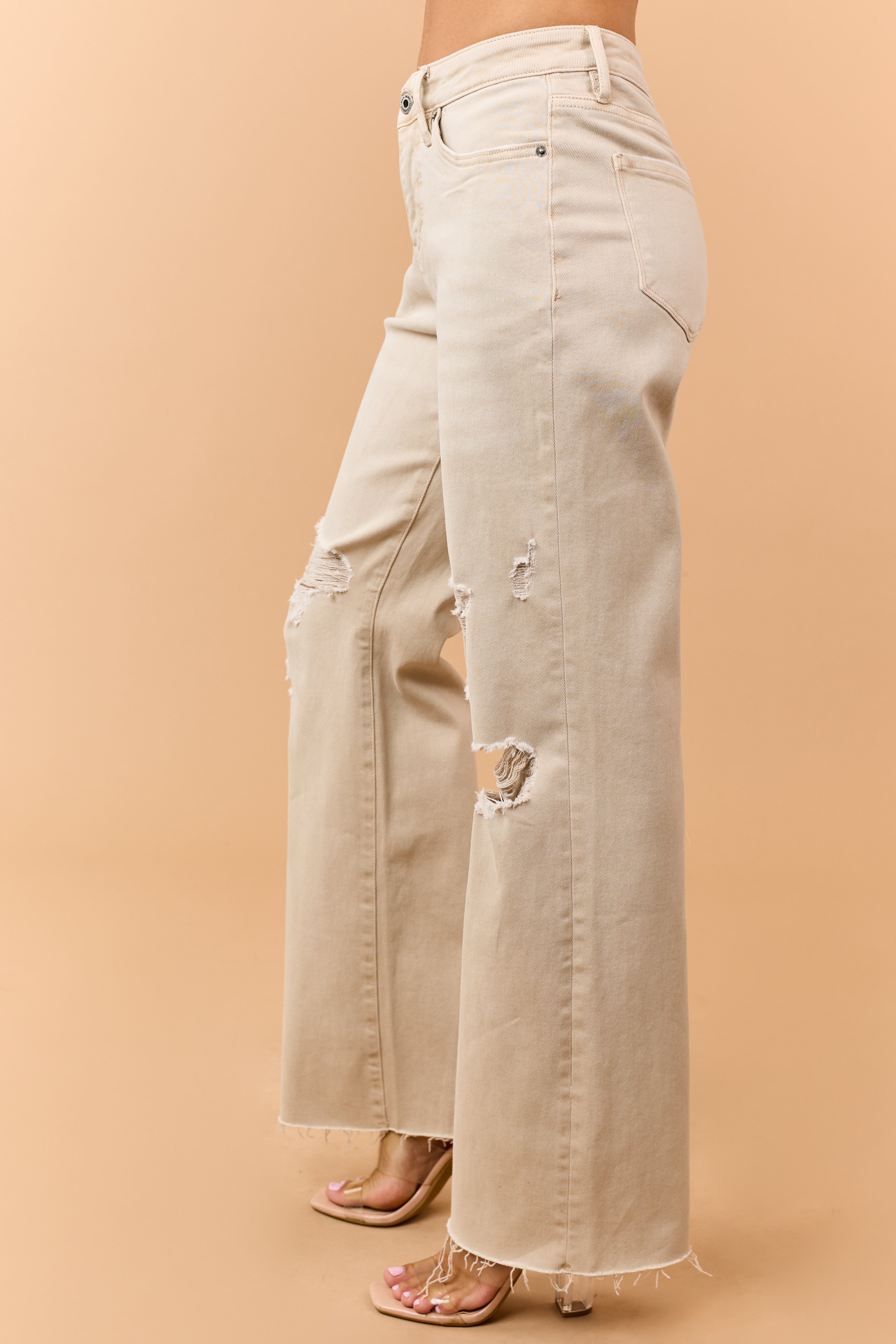 Mica Denim Sand Distressed Tummy Control Wide Jeans