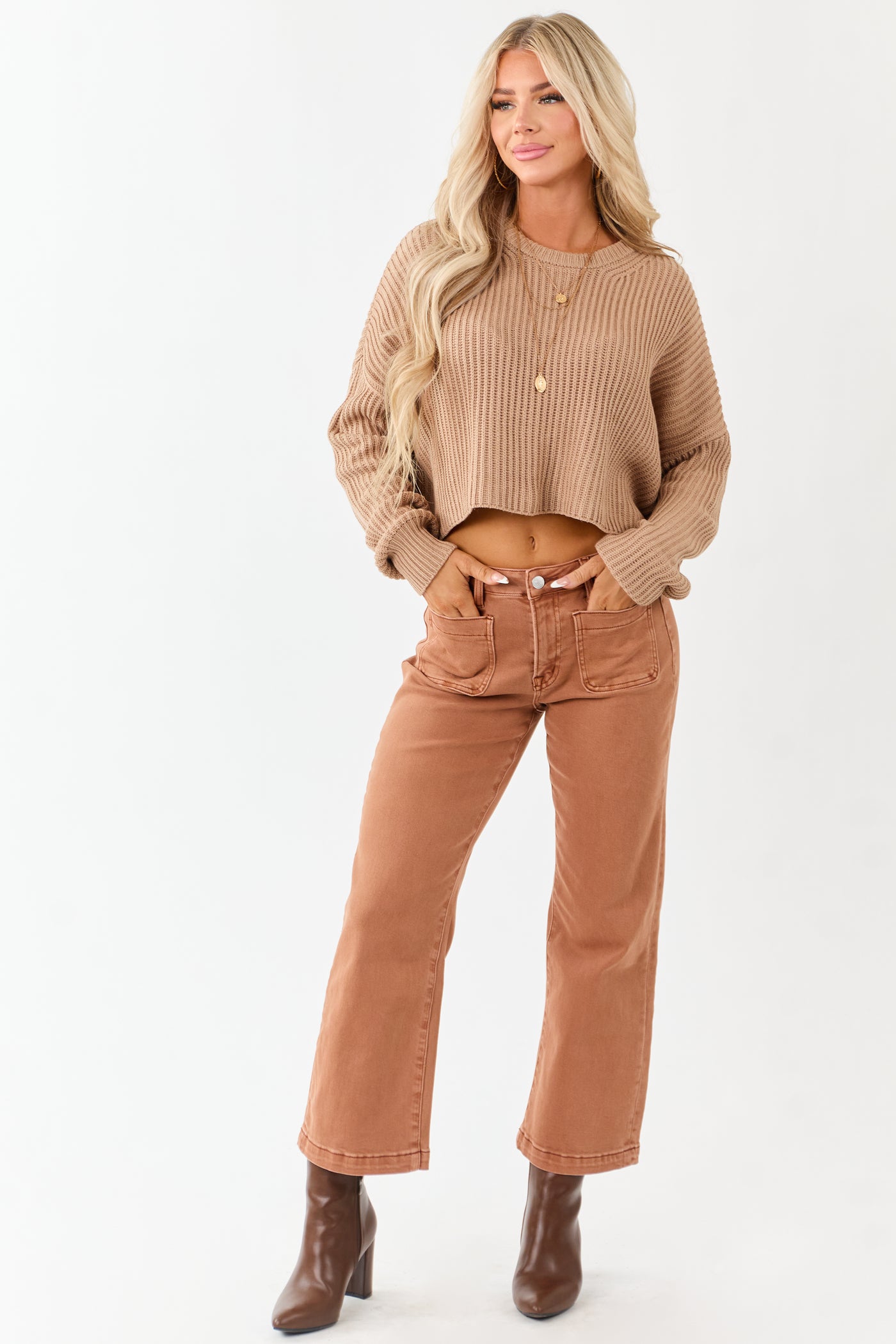 Mica Denim Sandstone Cropped Wide Stretchy Jeans