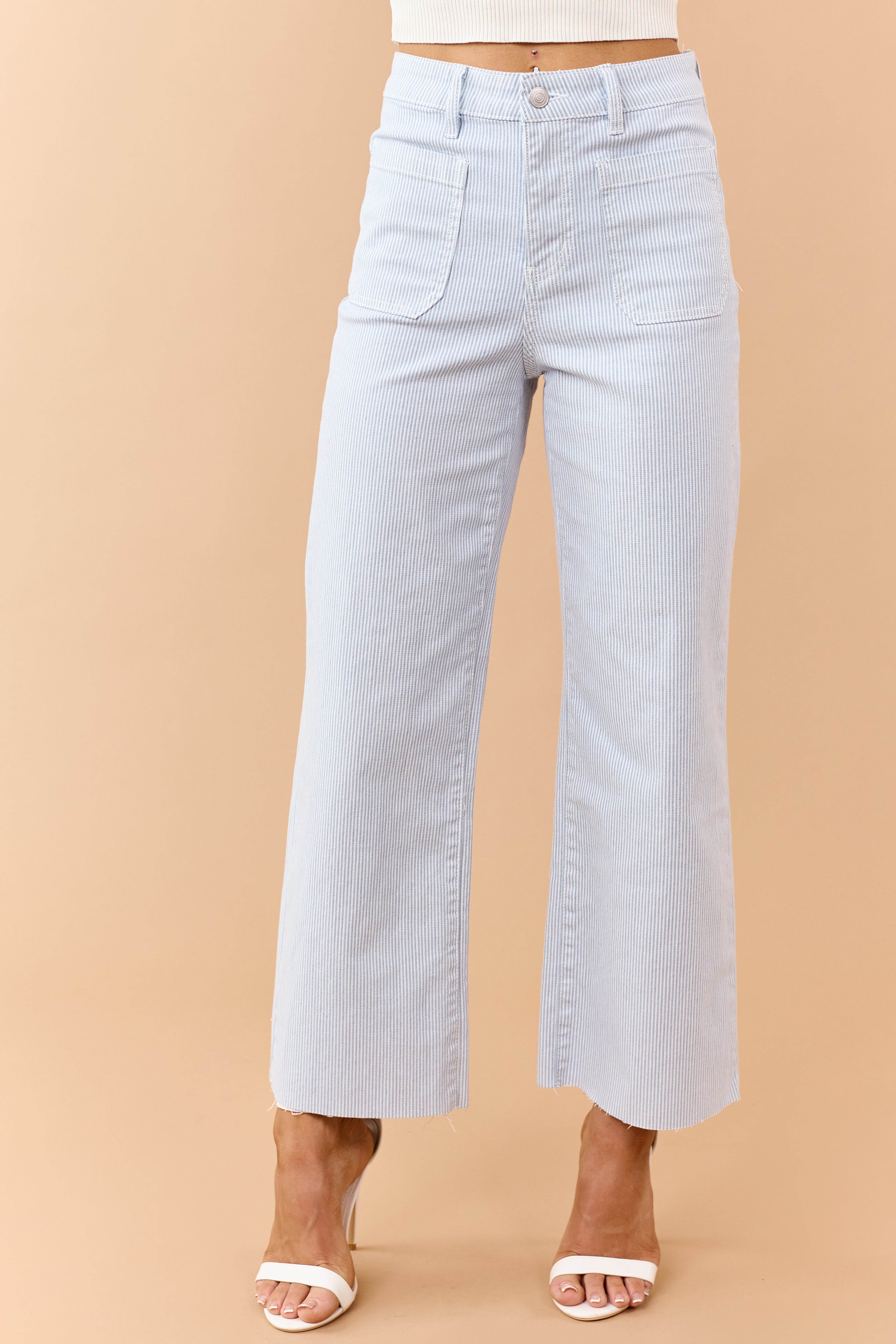 Mica Denim Slate Blue Striped Stretchy Wide Leg Jeans