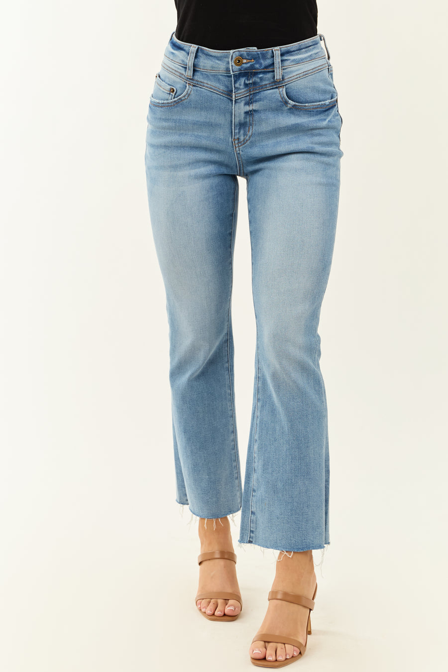 Mica Denim V Waist Raw Hem Stretchy Bootcut Jeans