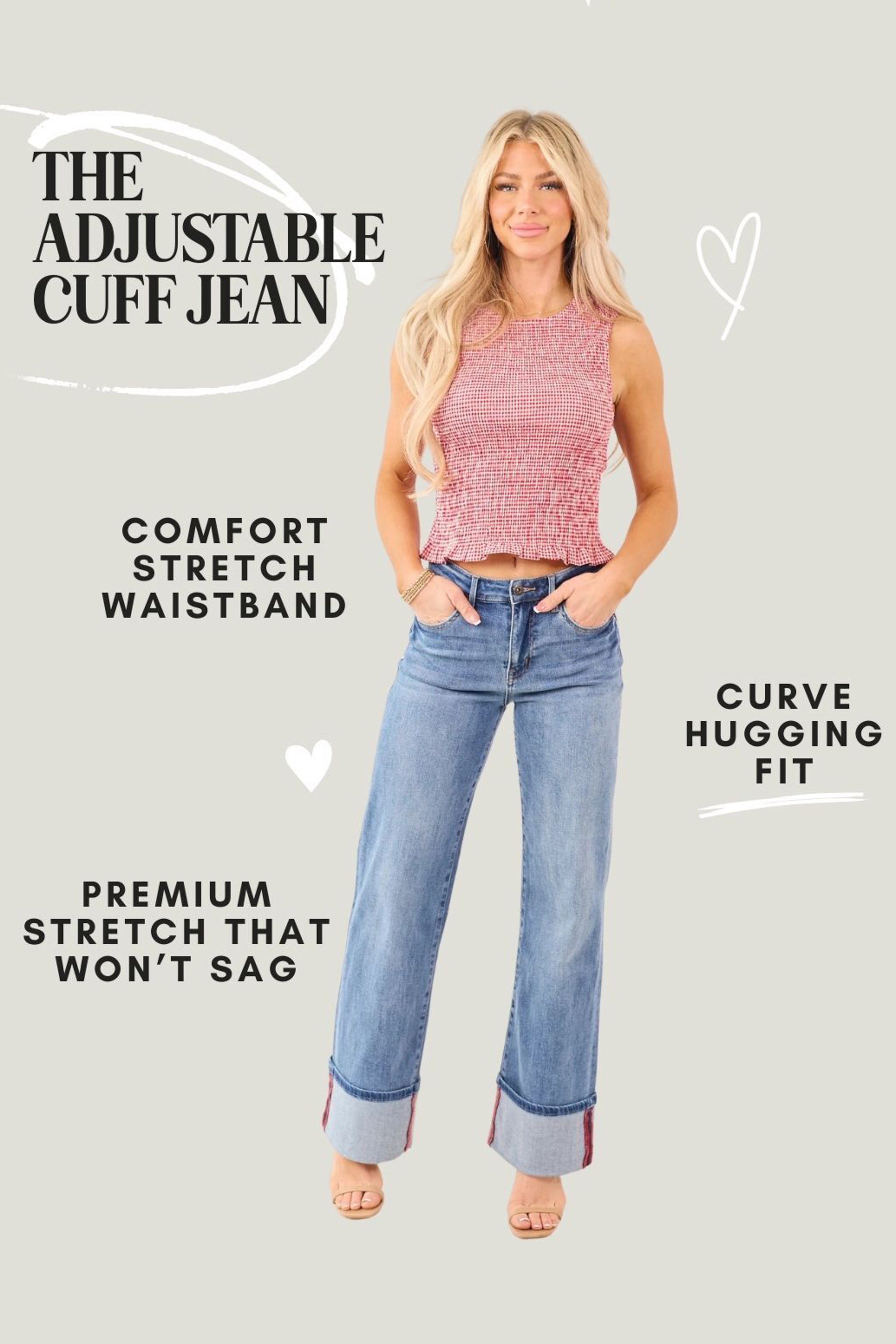Mica Denim Medium Wide Leg Cuffed Stretch Jeans