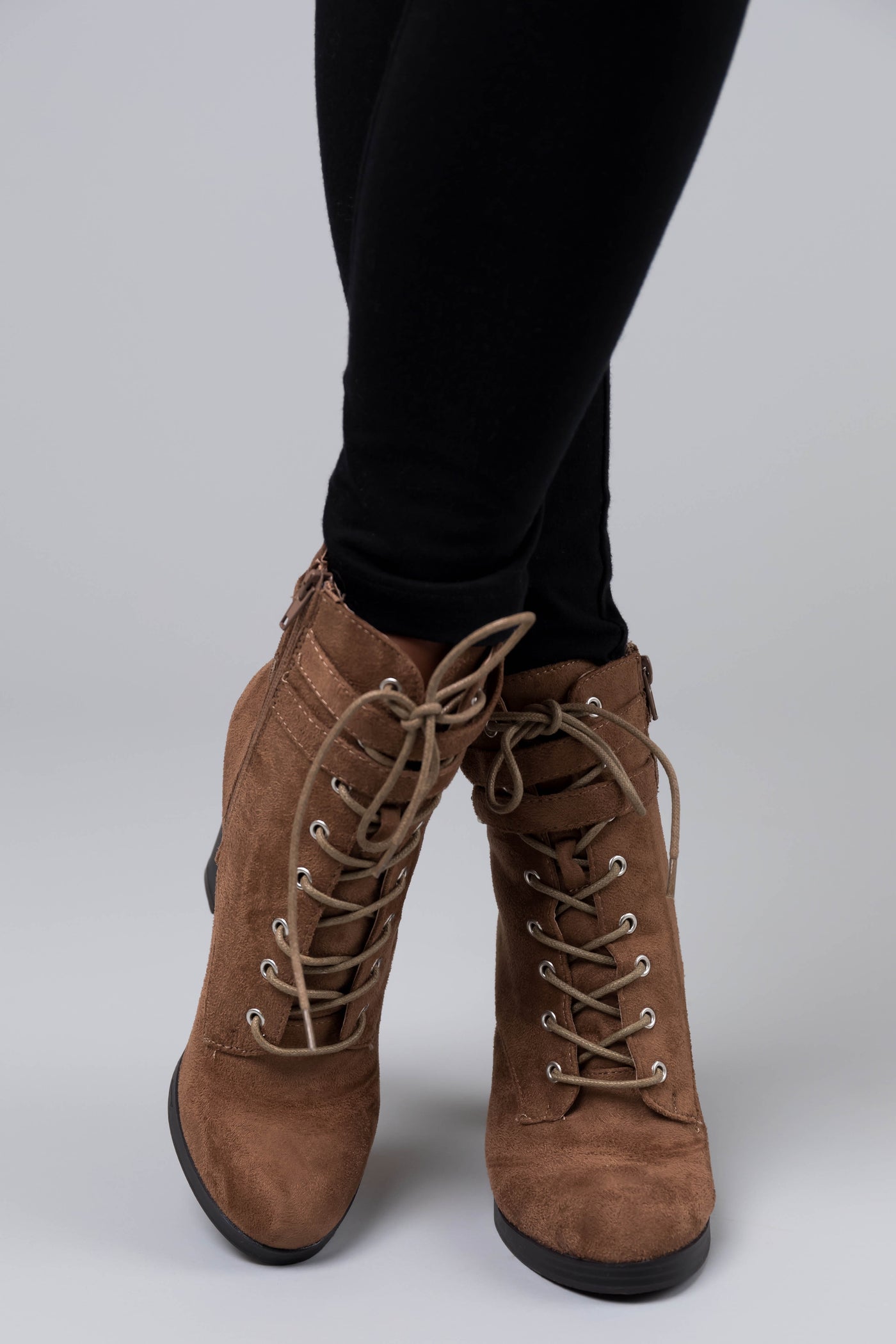 Milk Chocolate Faux Suede Lace Up High Heel Booties