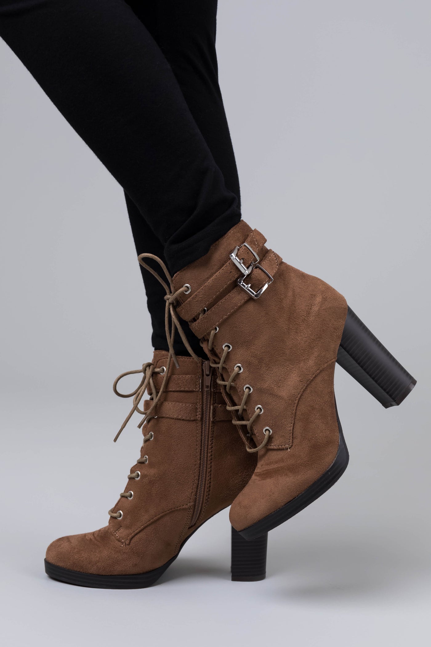 Milk Chocolate Faux Suede Lace Up High Heel Booties