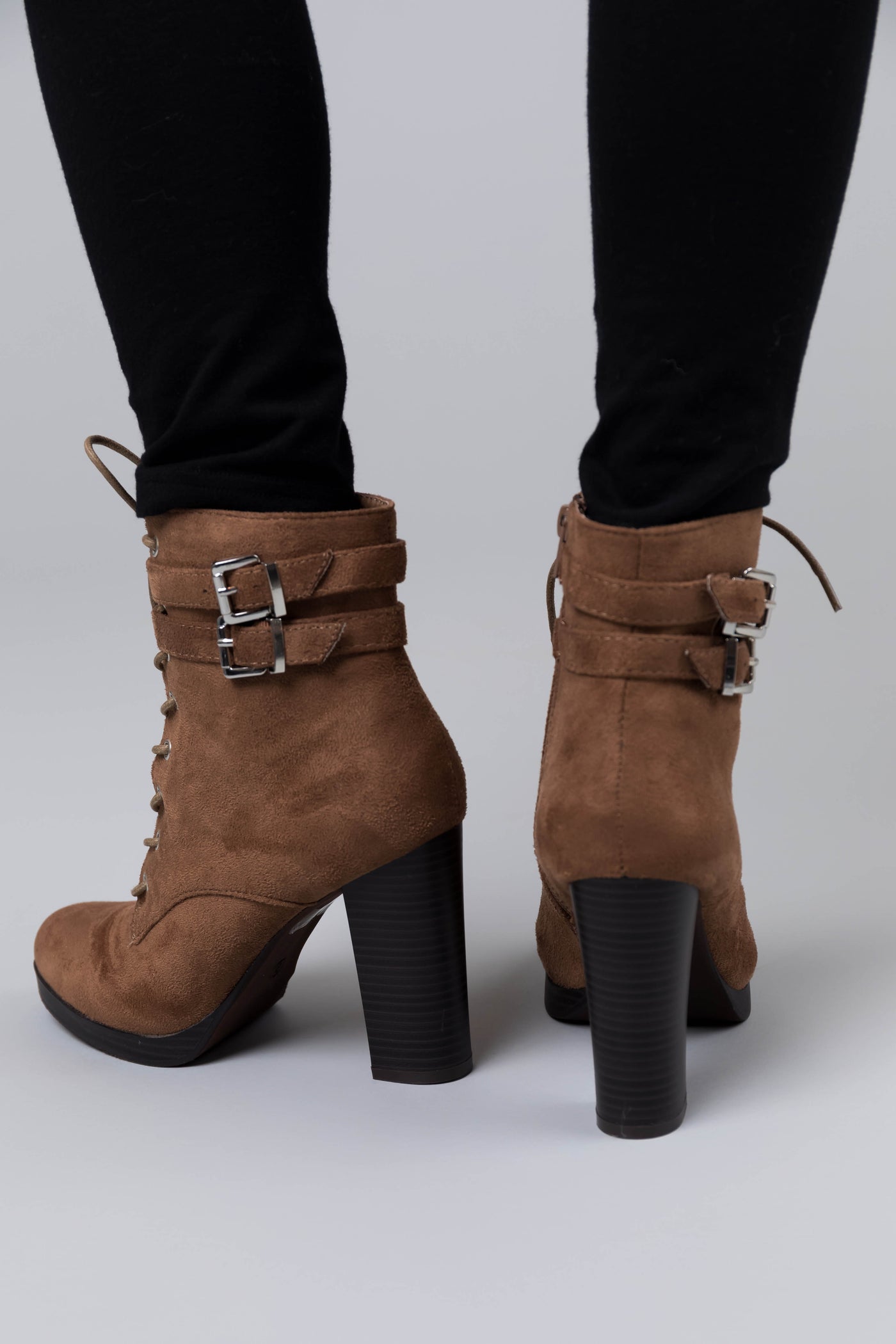 Milk Chocolate Faux Suede Lace Up High Heel Booties