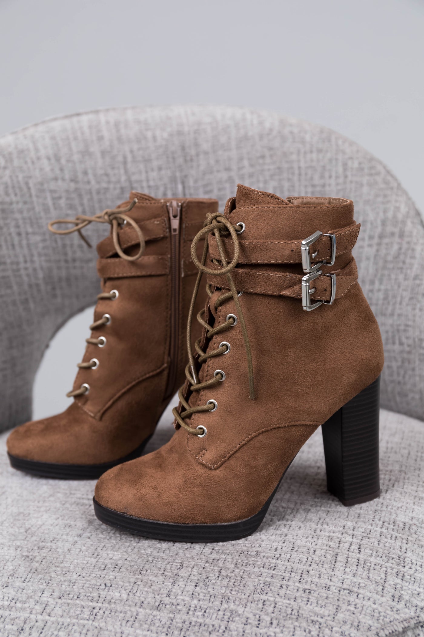 Milk Chocolate Faux Suede Lace Up High Heel Booties