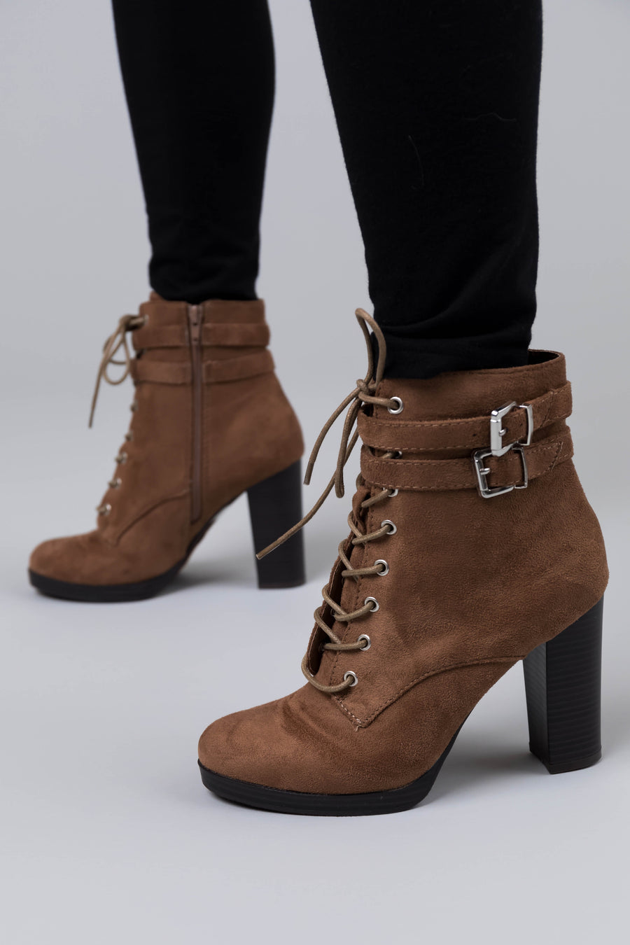 Milk Chocolate Faux Suede Lace Up High Heel Booties