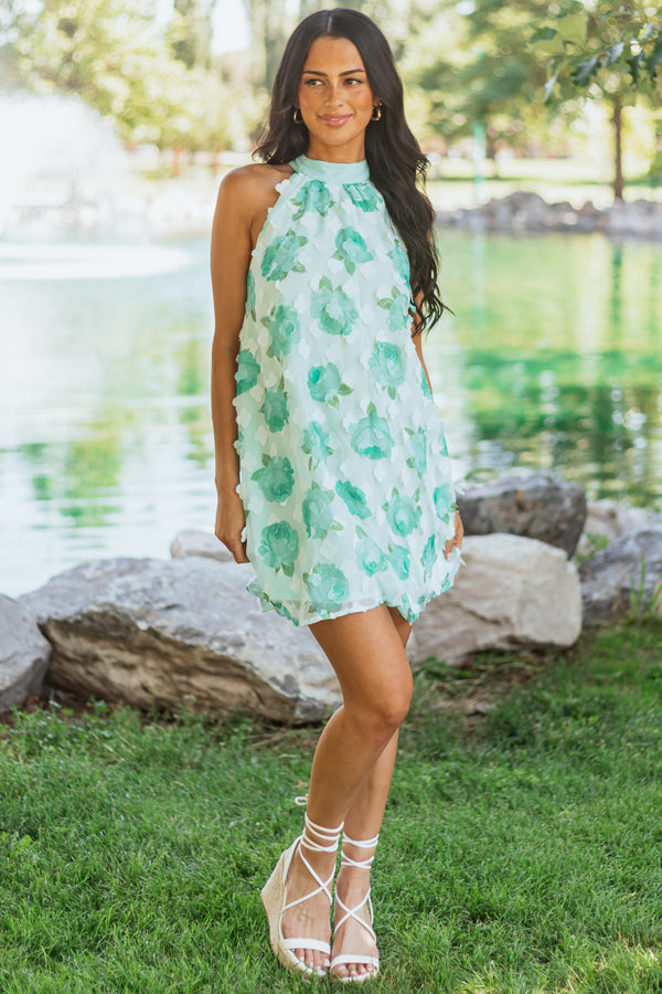 elva halter three-dimensional flower irregular tassel mini dress in mint main image 0