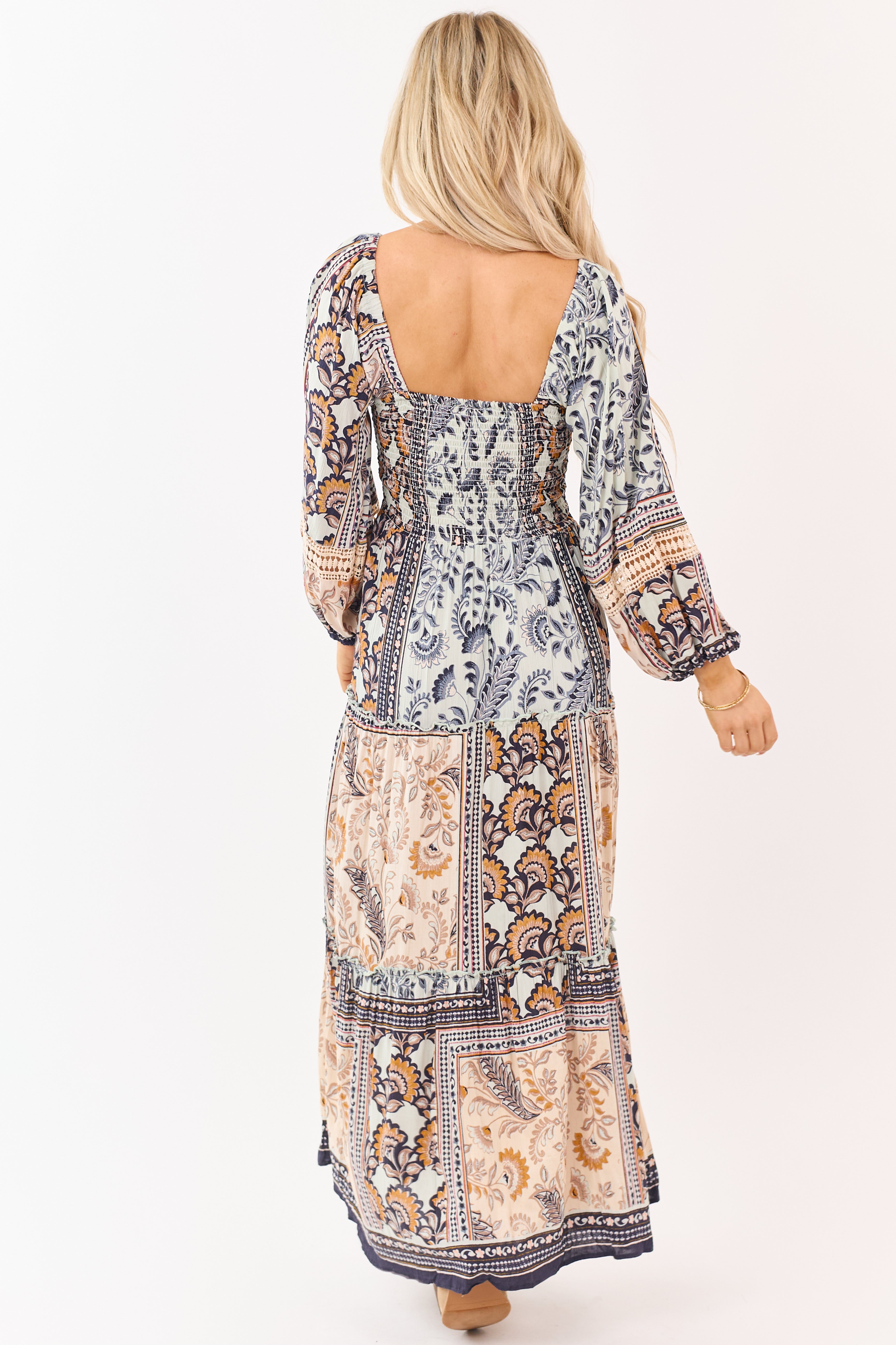 Mint Boho Tile Print Smocked Long Sleeve Maxi Dress