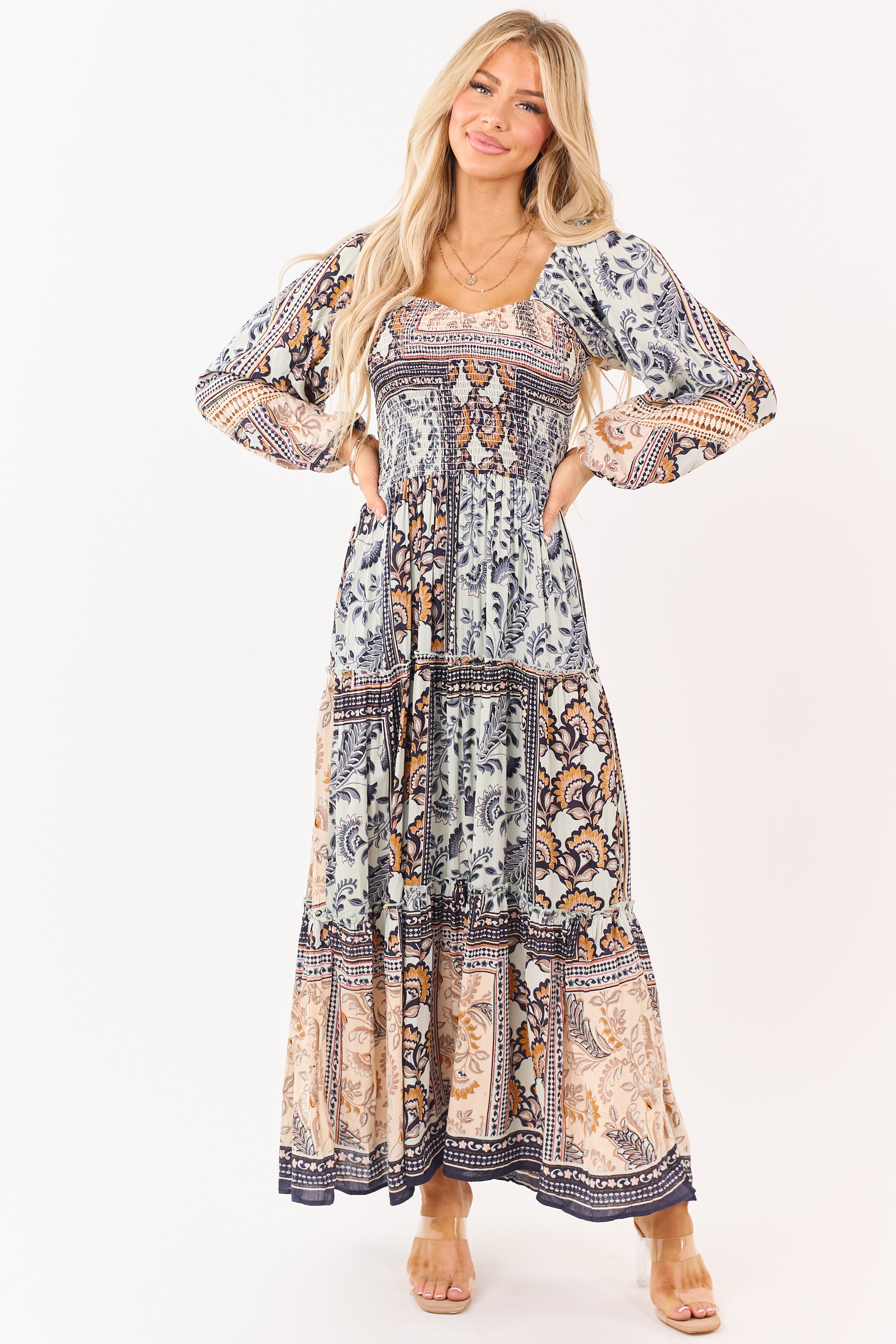 Mint Boho Tile Print Smocked Long Sleeve Maxi Dress