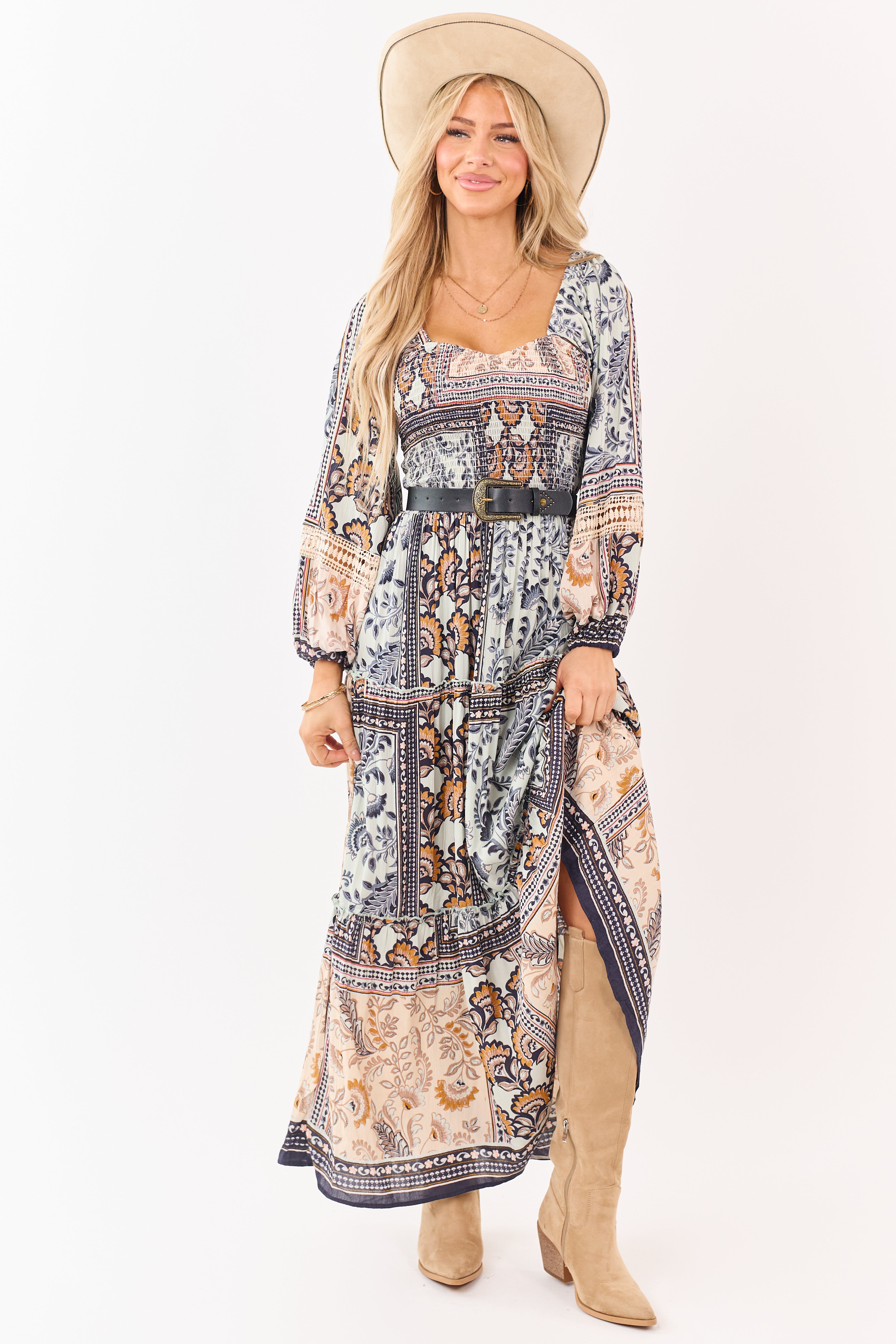 Mint Boho Tile Print Smocked Long Sleeve Maxi Dress