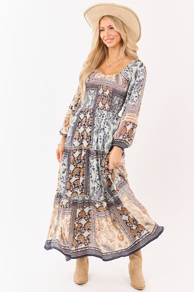 Mint Boho Tile Print Smocked Long Sleeve Maxi Dress