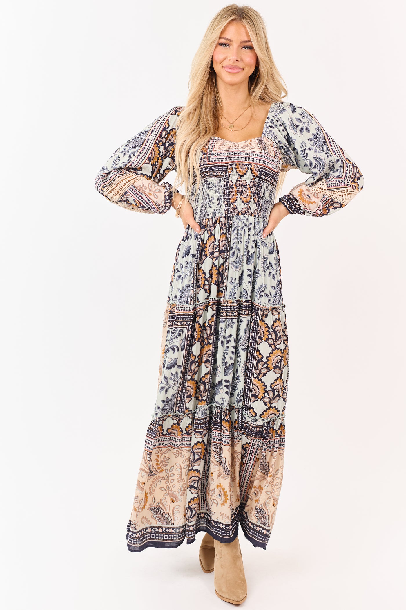 Mint Boho Tile Print Smocked Long Sleeve Maxi Dress