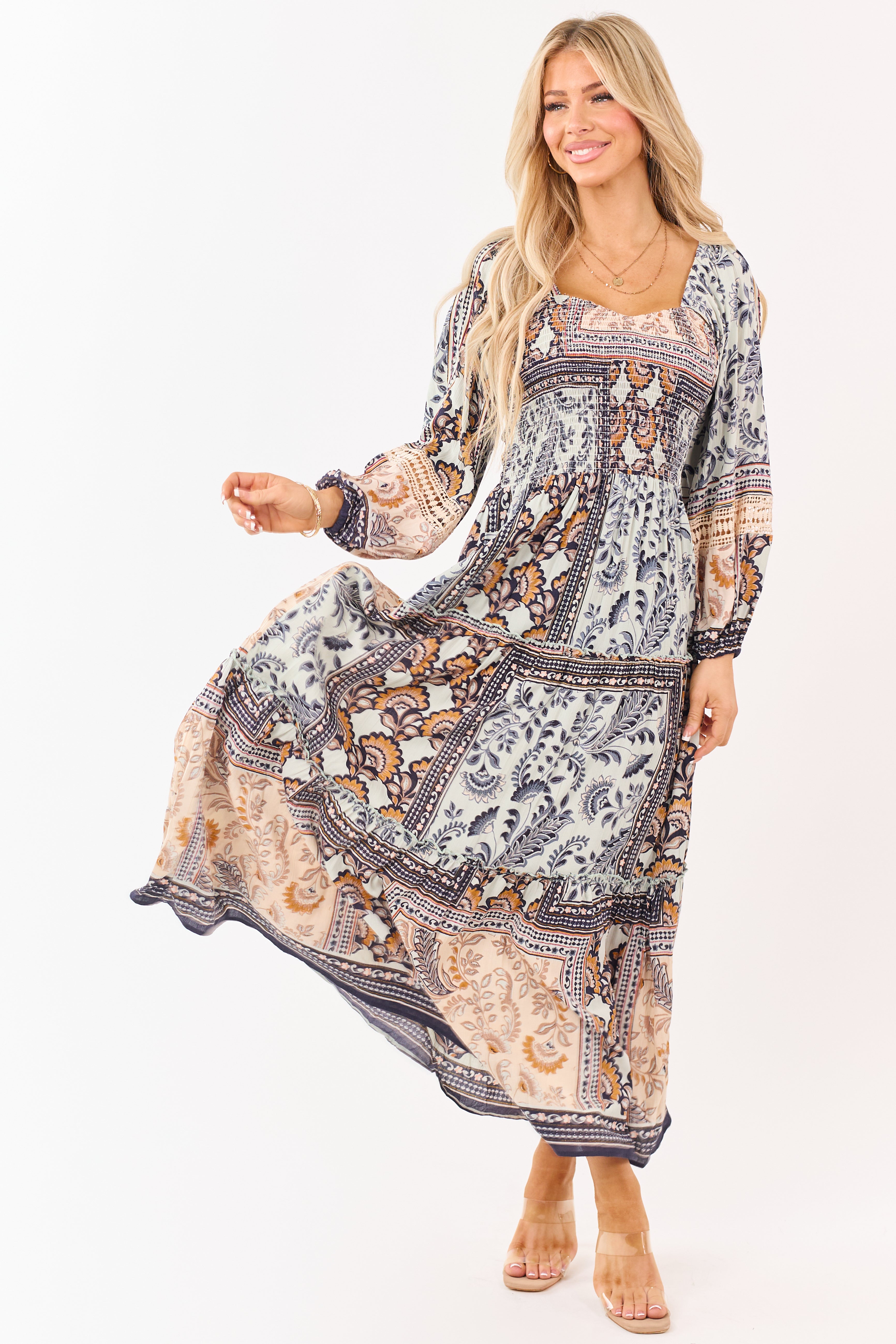 Mint Boho Tile Print Smocked Long Sleeve Maxi Dress