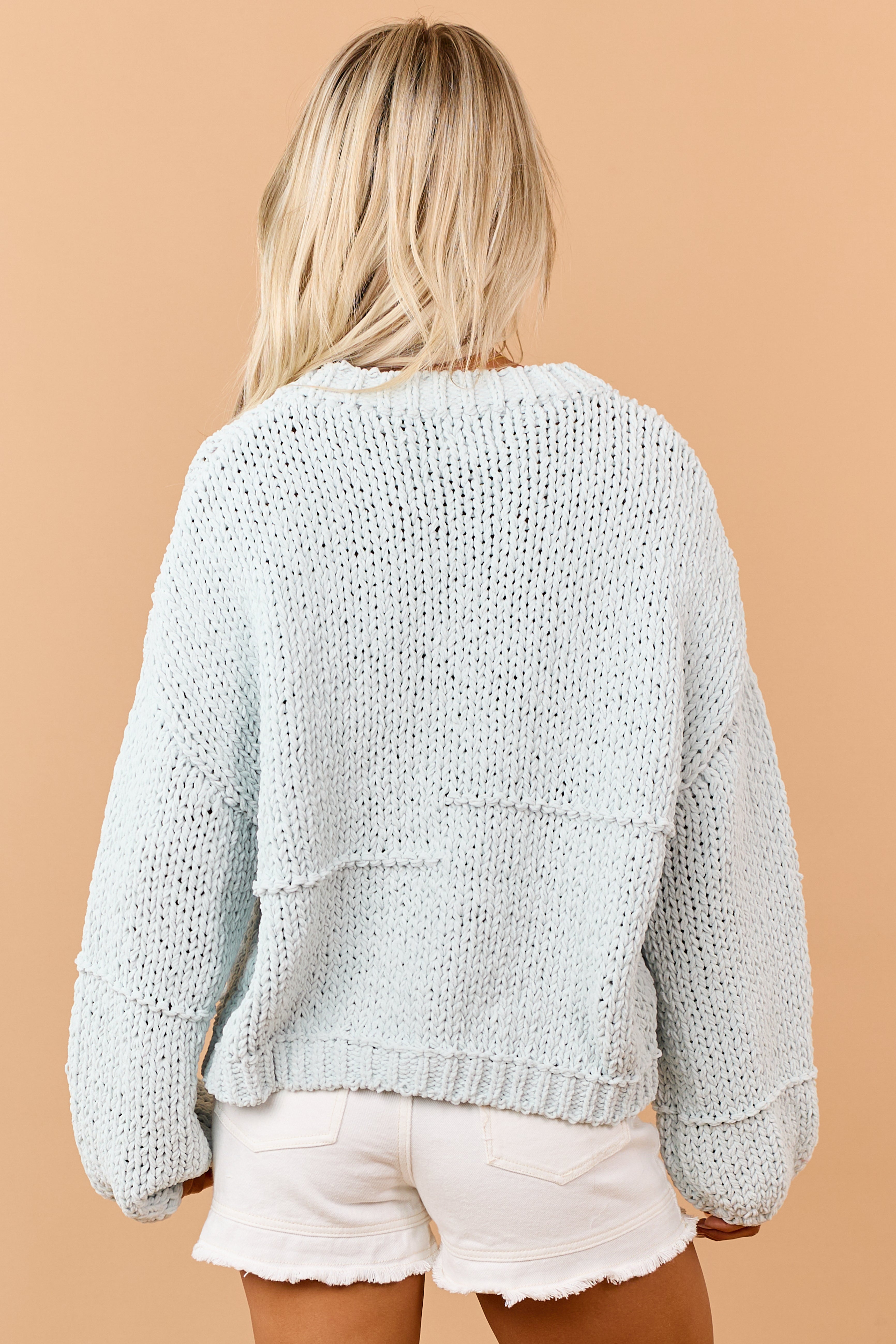 Mint Chenille Open Knit Bubble Sleeve Sweater