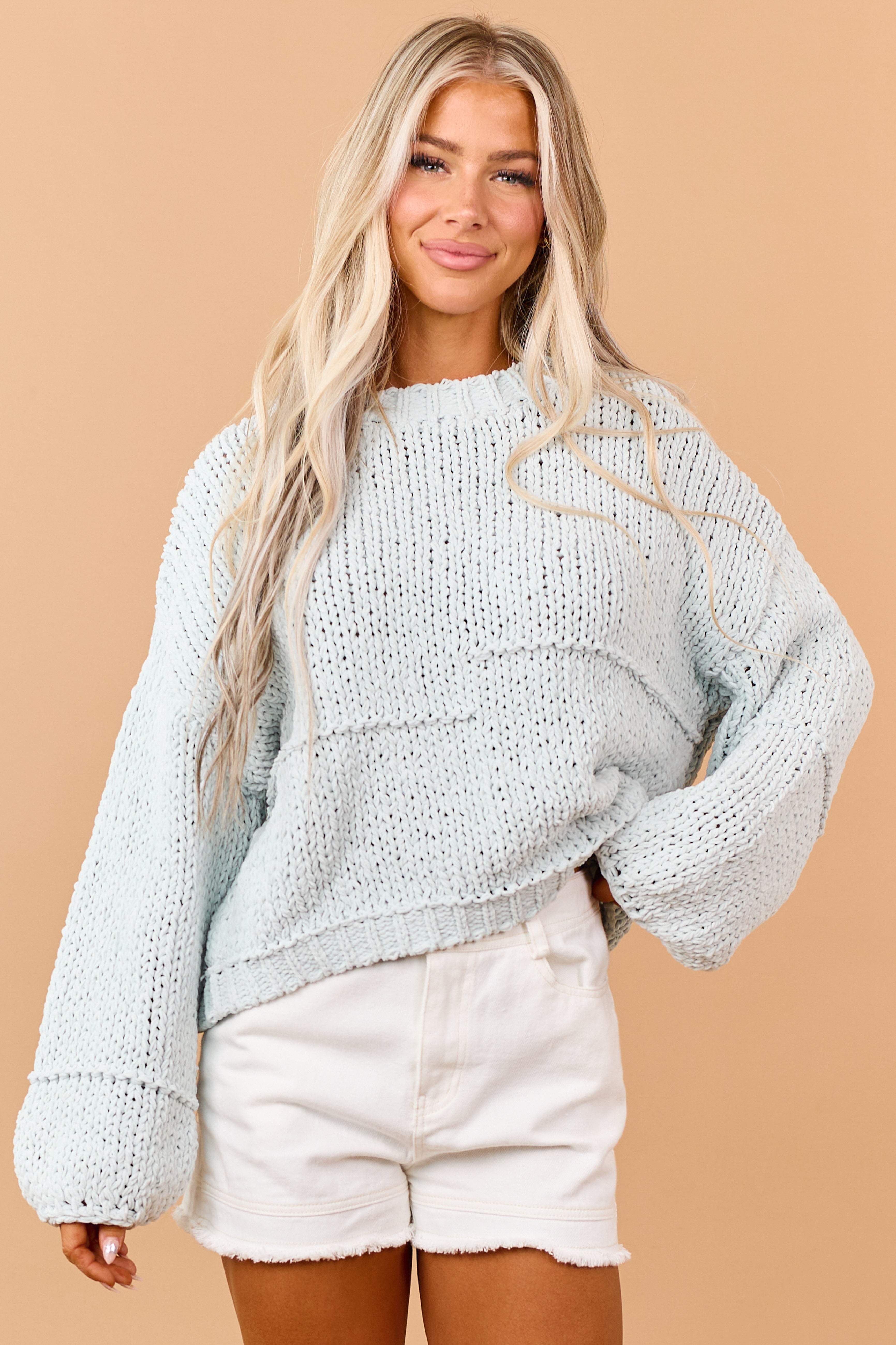 Mint Chenille Open Knit Bubble Sleeve Sweater