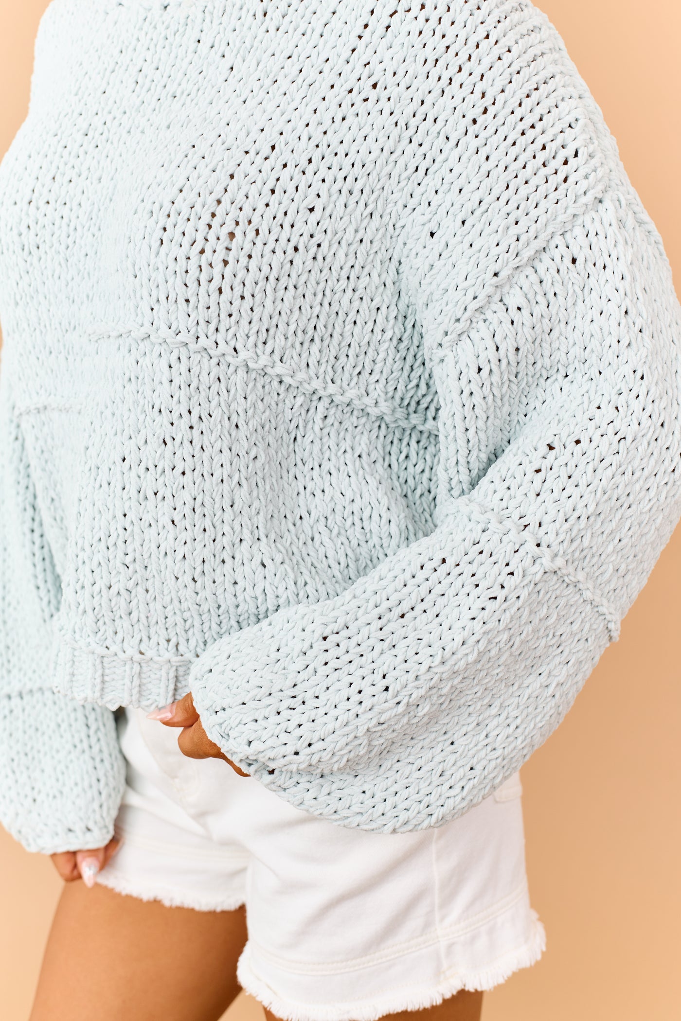 Mint Chenille Open Knit Bubble Sleeve Sweater