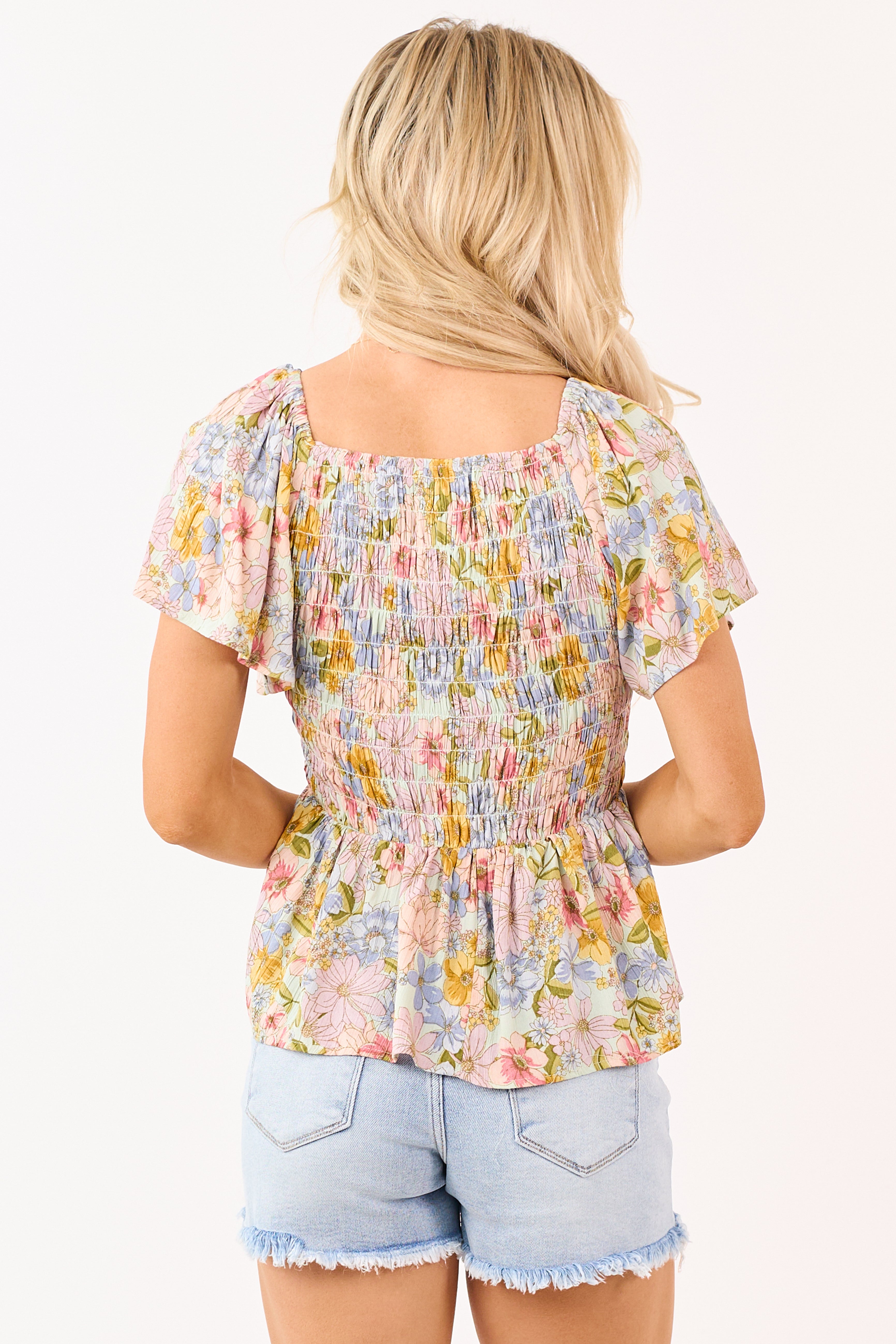 Mint Floral Print Flutter Sleeve Peplum Top