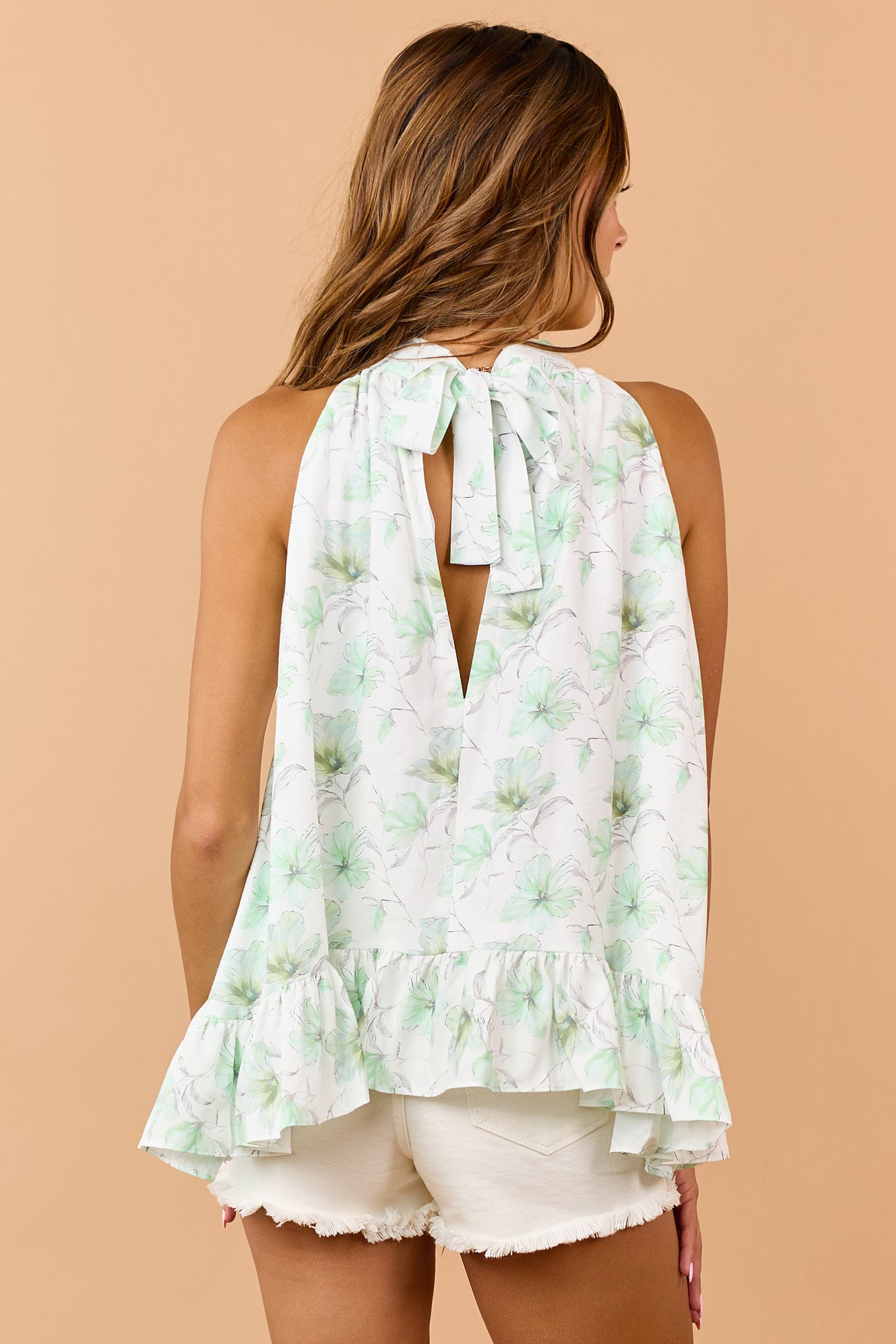 Mint Floral Print High Low Hem Halter Top