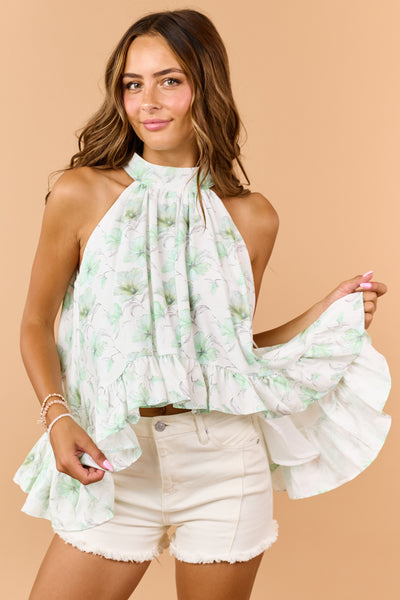 Mint Floral Print High Low Hem Halter Top