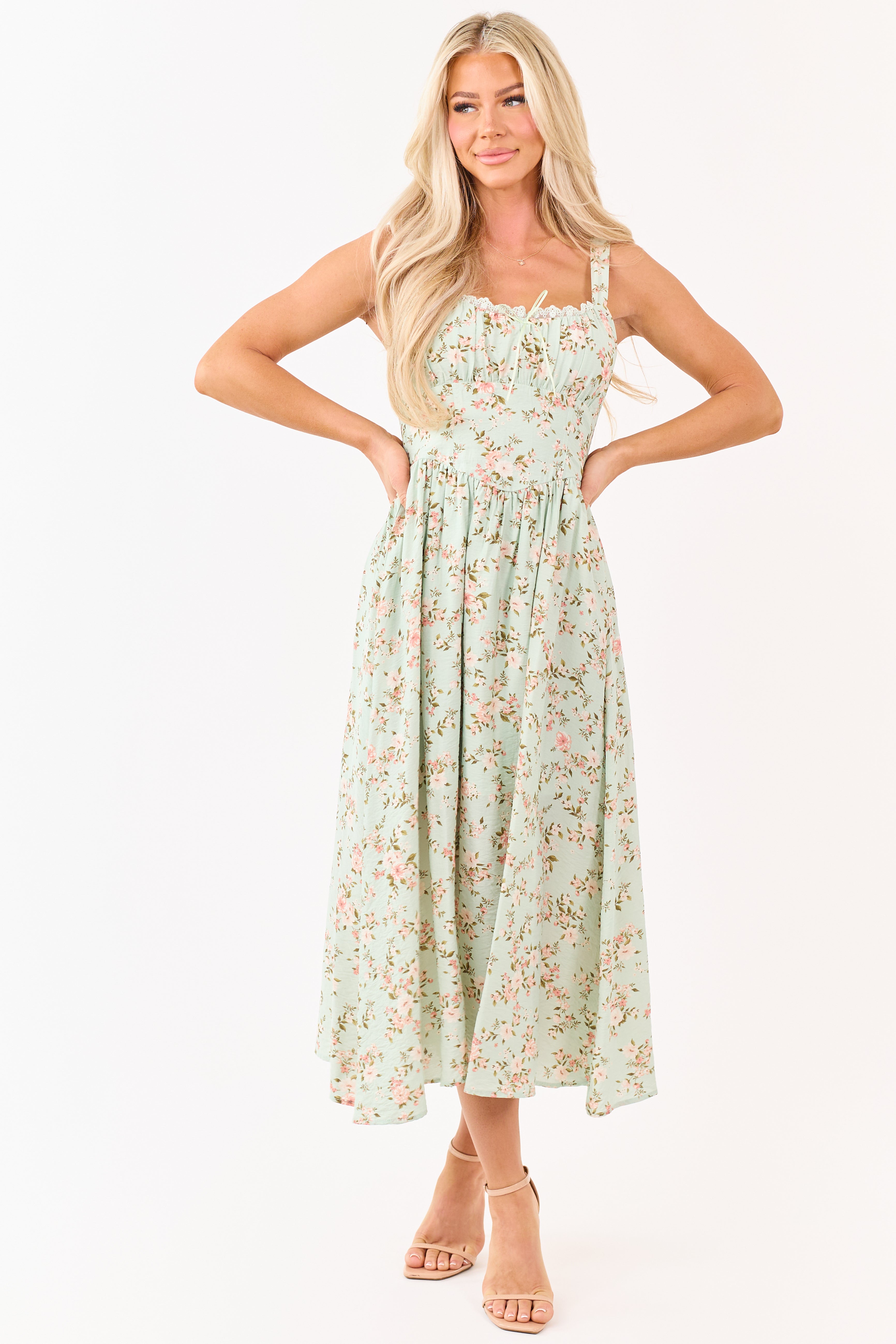 Mint Floral Print Lace Trim Corset Style Midi Dress