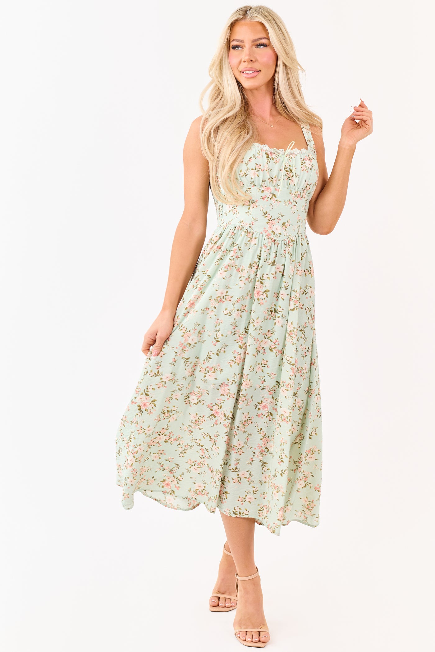 Mint Floral Print Lace Trim Corset Style Midi Dress Mint Floral Print Lace Trim Corset Style Midi Dress
