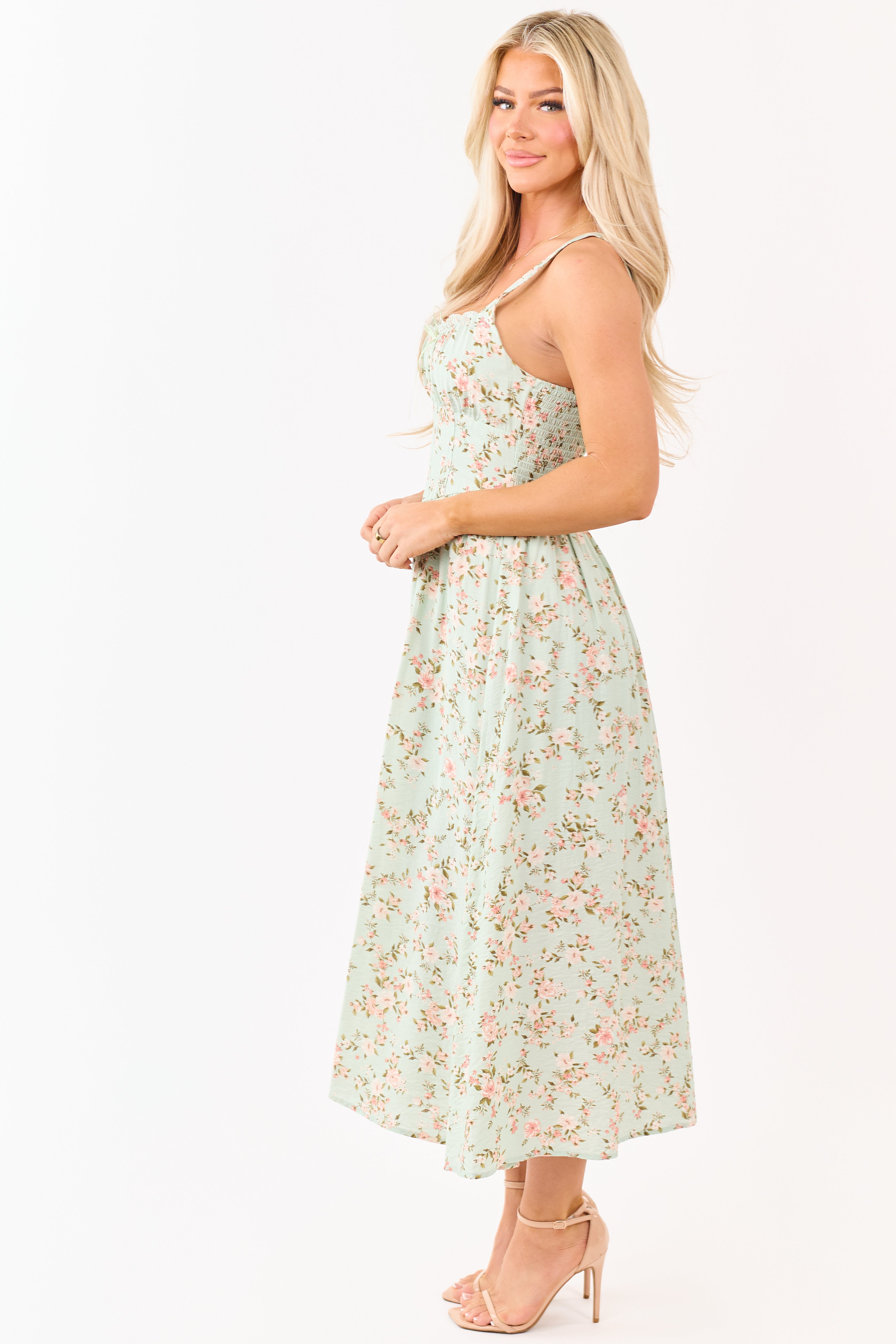 Mint Floral Print Lace Trim Corset Style Midi Dress