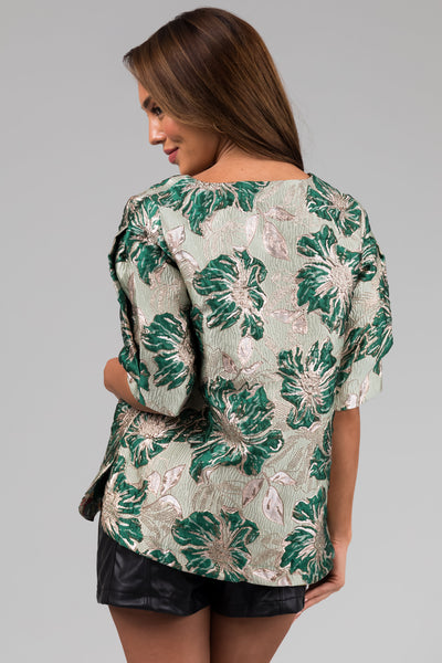 Mint Floral Print Metallic Jacquard V Neck Top
