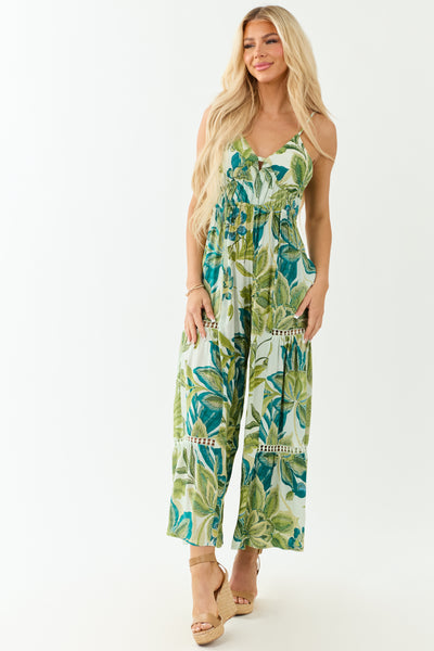 Mint Floral Print Open Back Flare Leg Jumpsuit