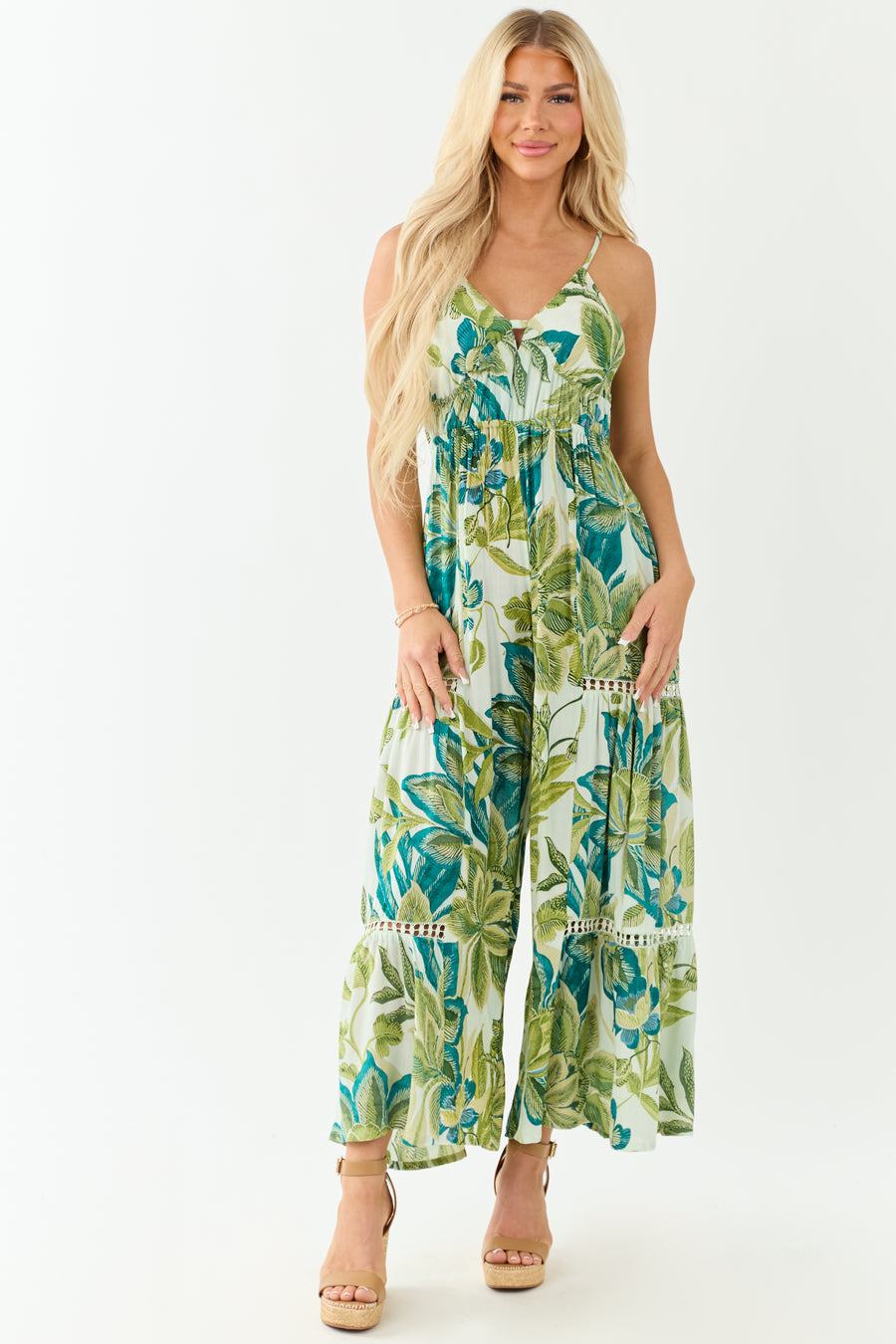 Mint Floral Print Open Back Flare Leg Jumpsuit