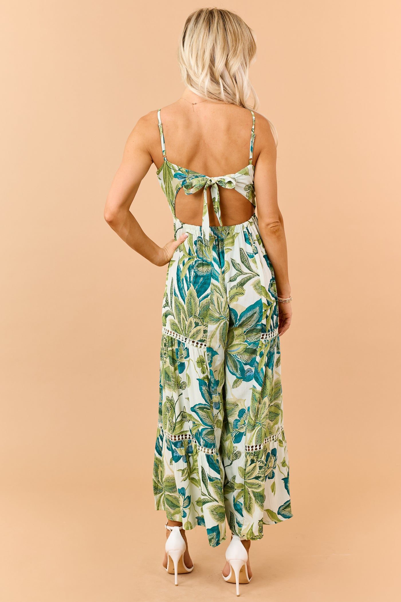 Mint Floral Print Open Back Wide Leg Jumpsuit