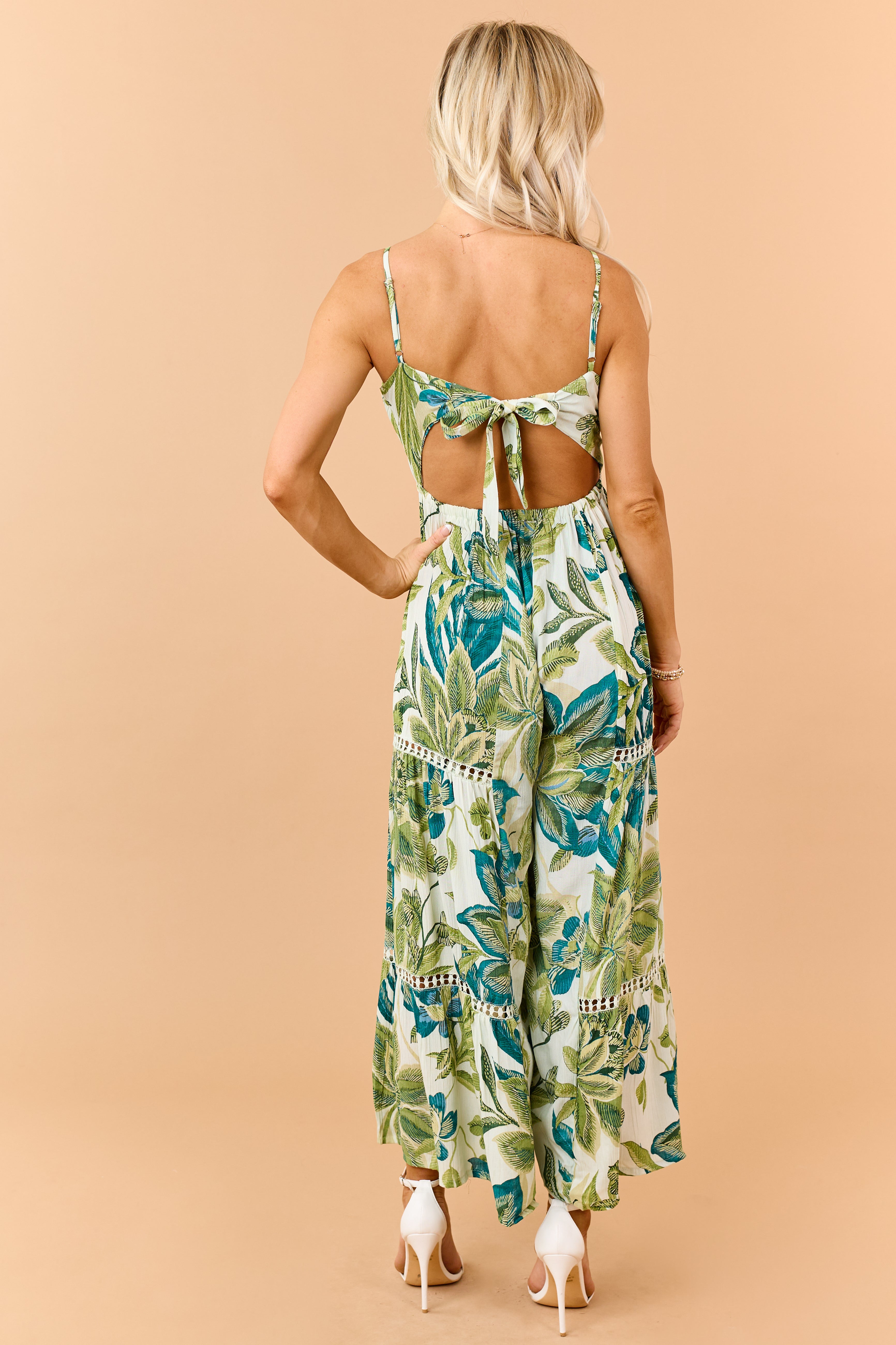 Mint Floral Print Open Back Wide Leg Jumpsuit