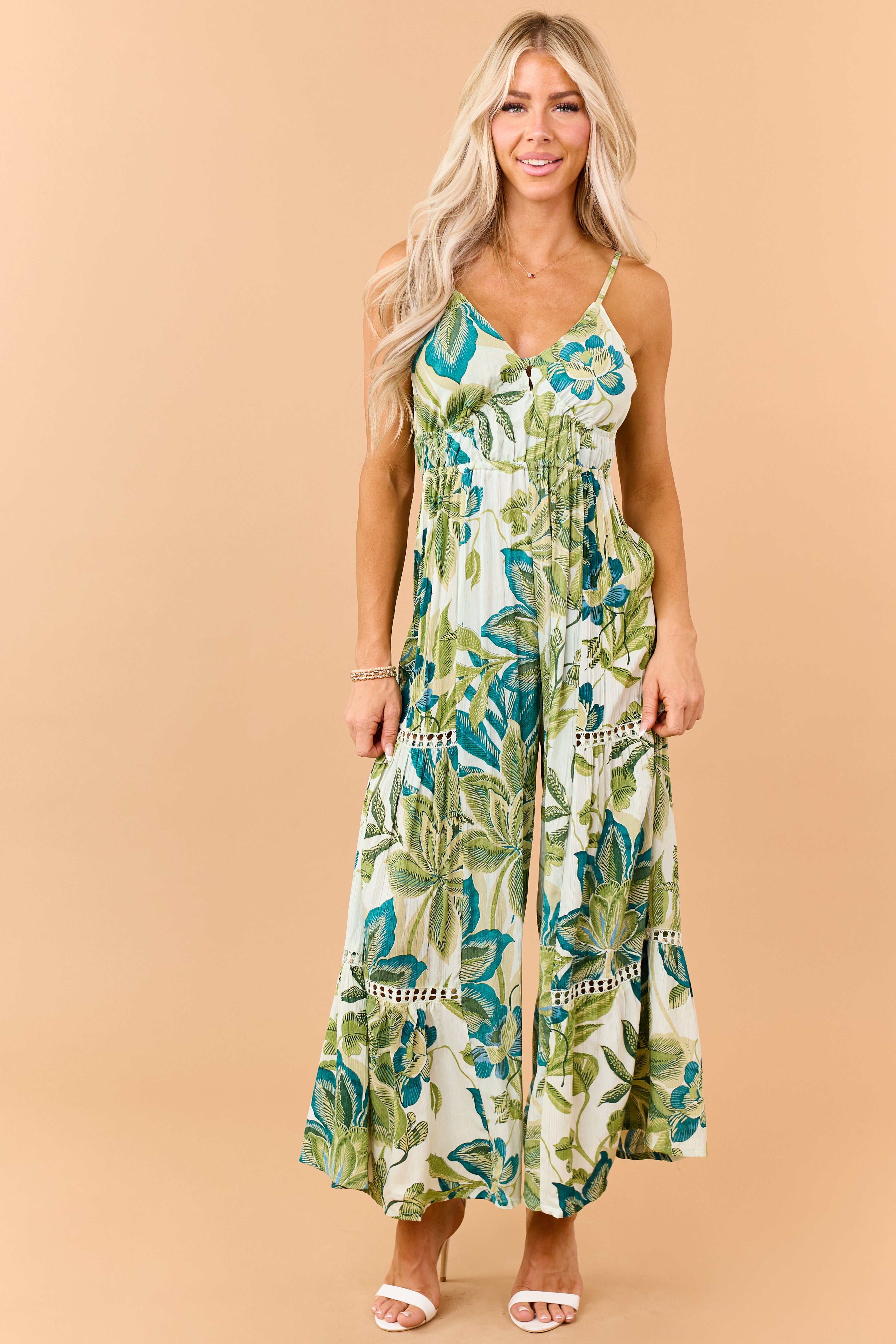 Mint Floral Print Open Back Wide Leg Jumpsuit