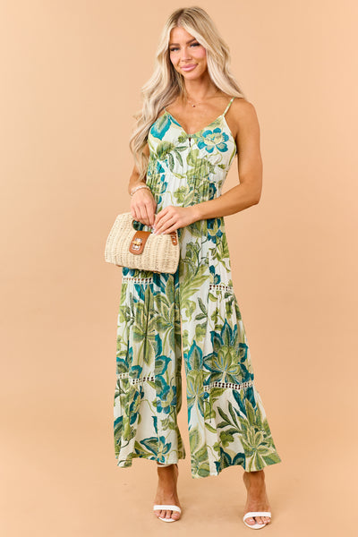 Mint Floral Print Open Back Wide Leg Jumpsuit
