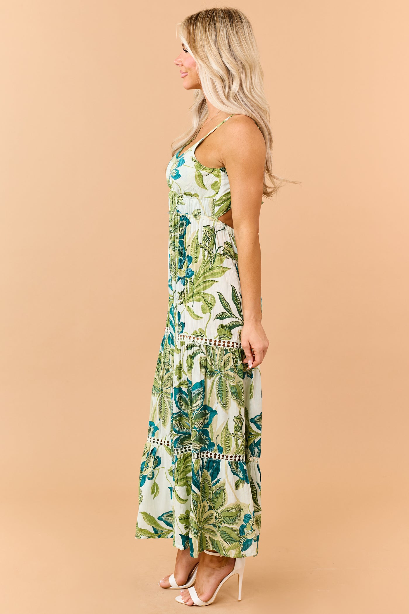 Mint Floral Print Open Back Wide Leg Jumpsuit