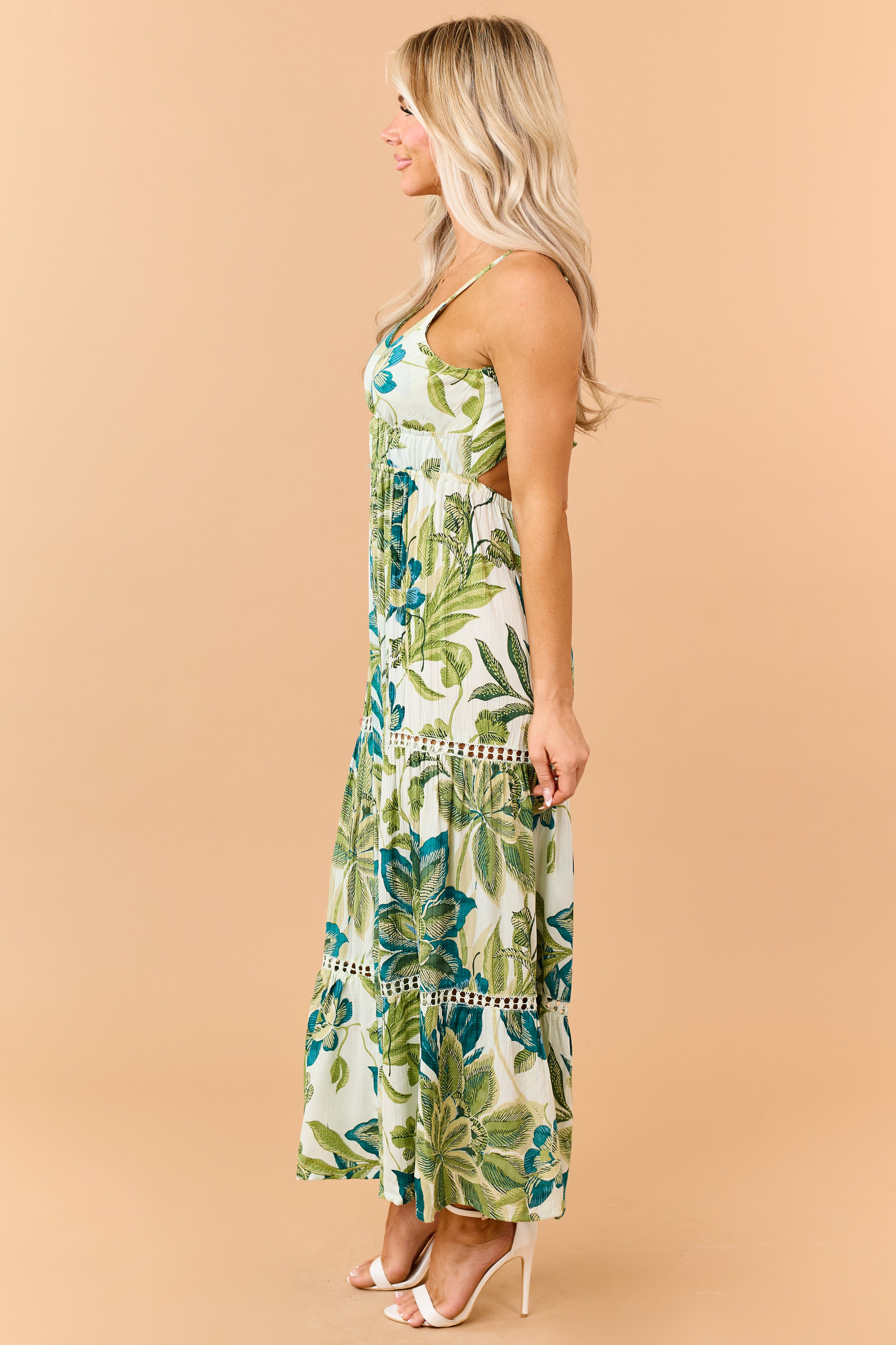 Mint Floral Print Open Back Wide Leg Jumpsuit