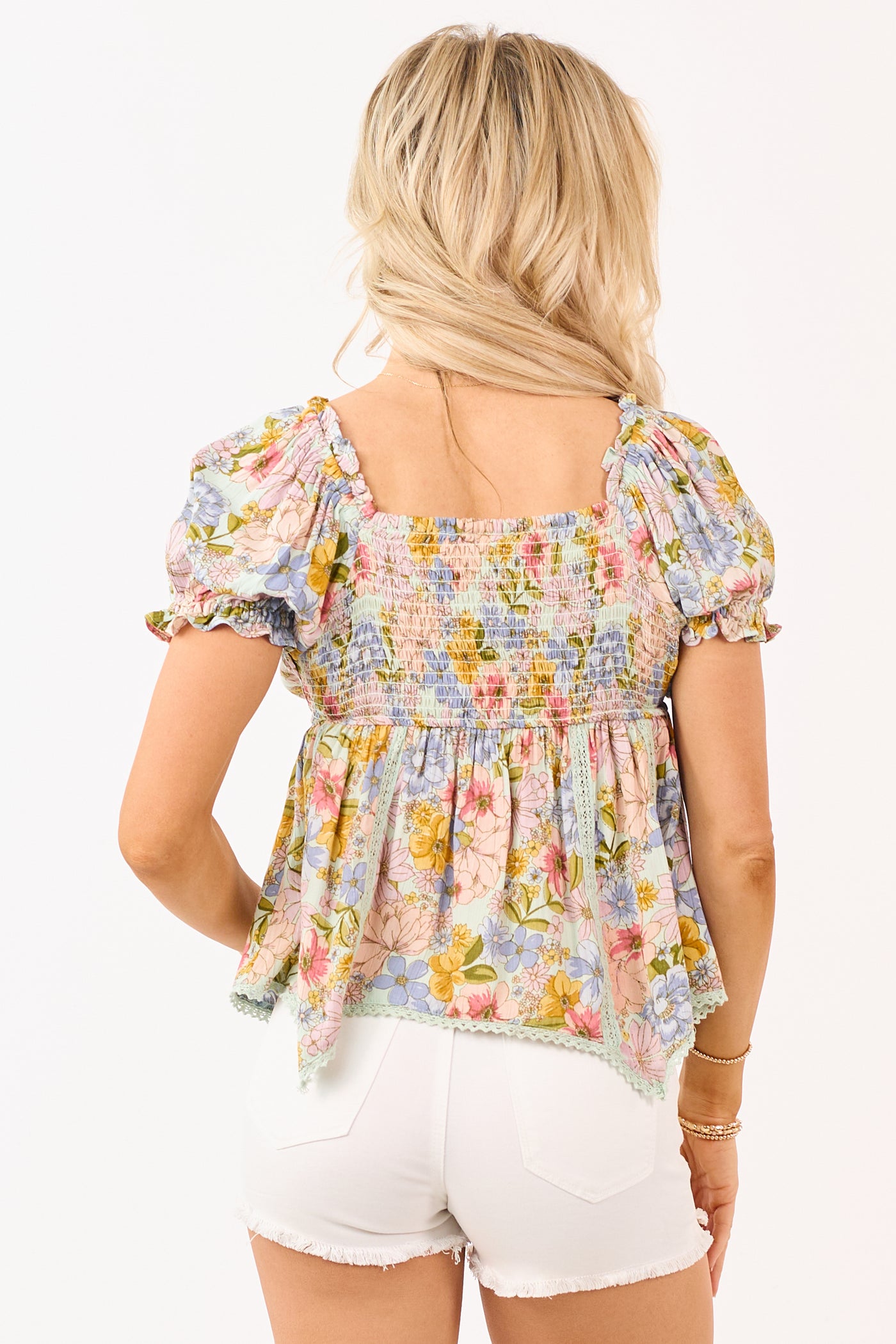 Mint Floral Print Puff Sleeve Babydoll Top