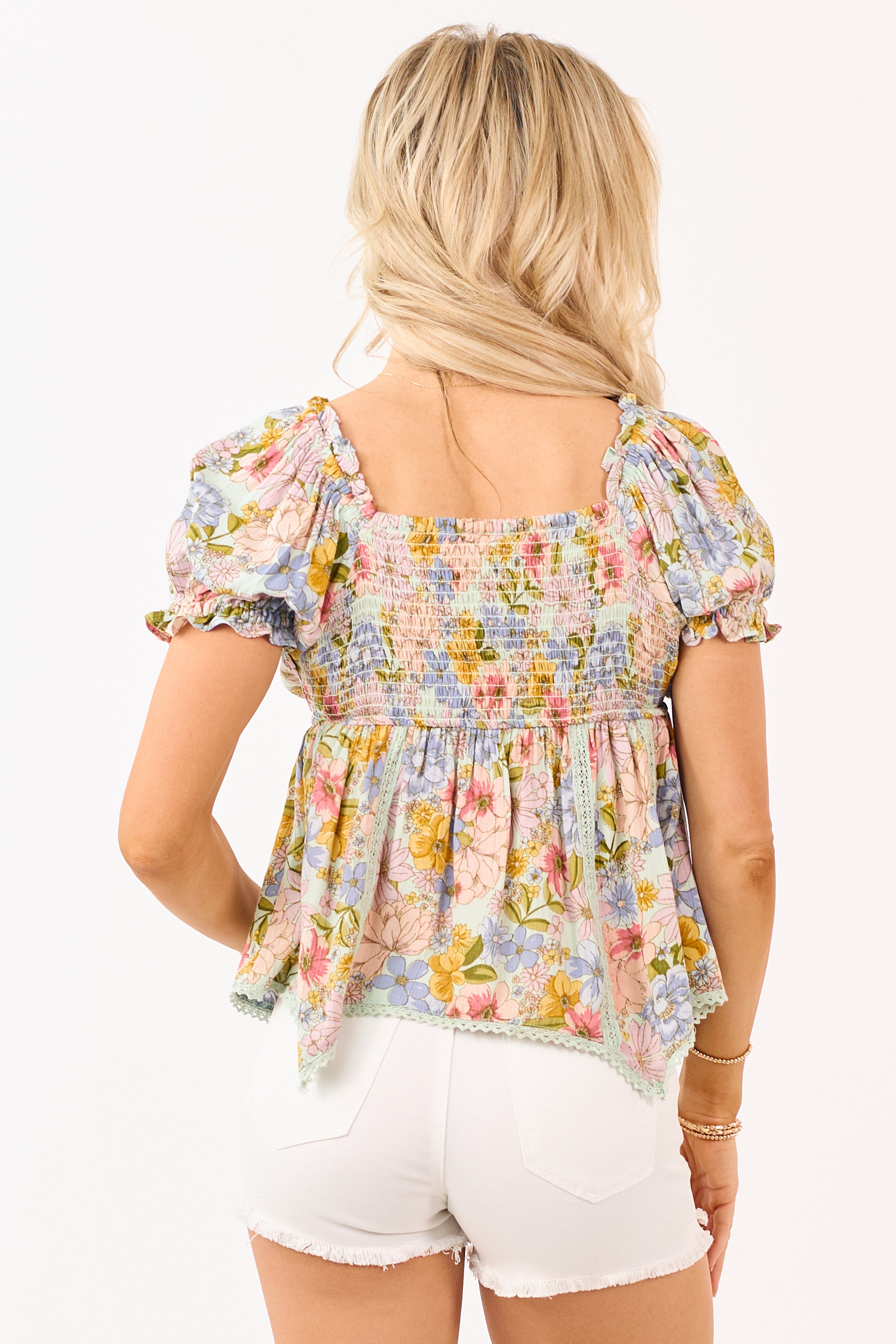Mint Floral Print Puff Sleeve Babydoll Top