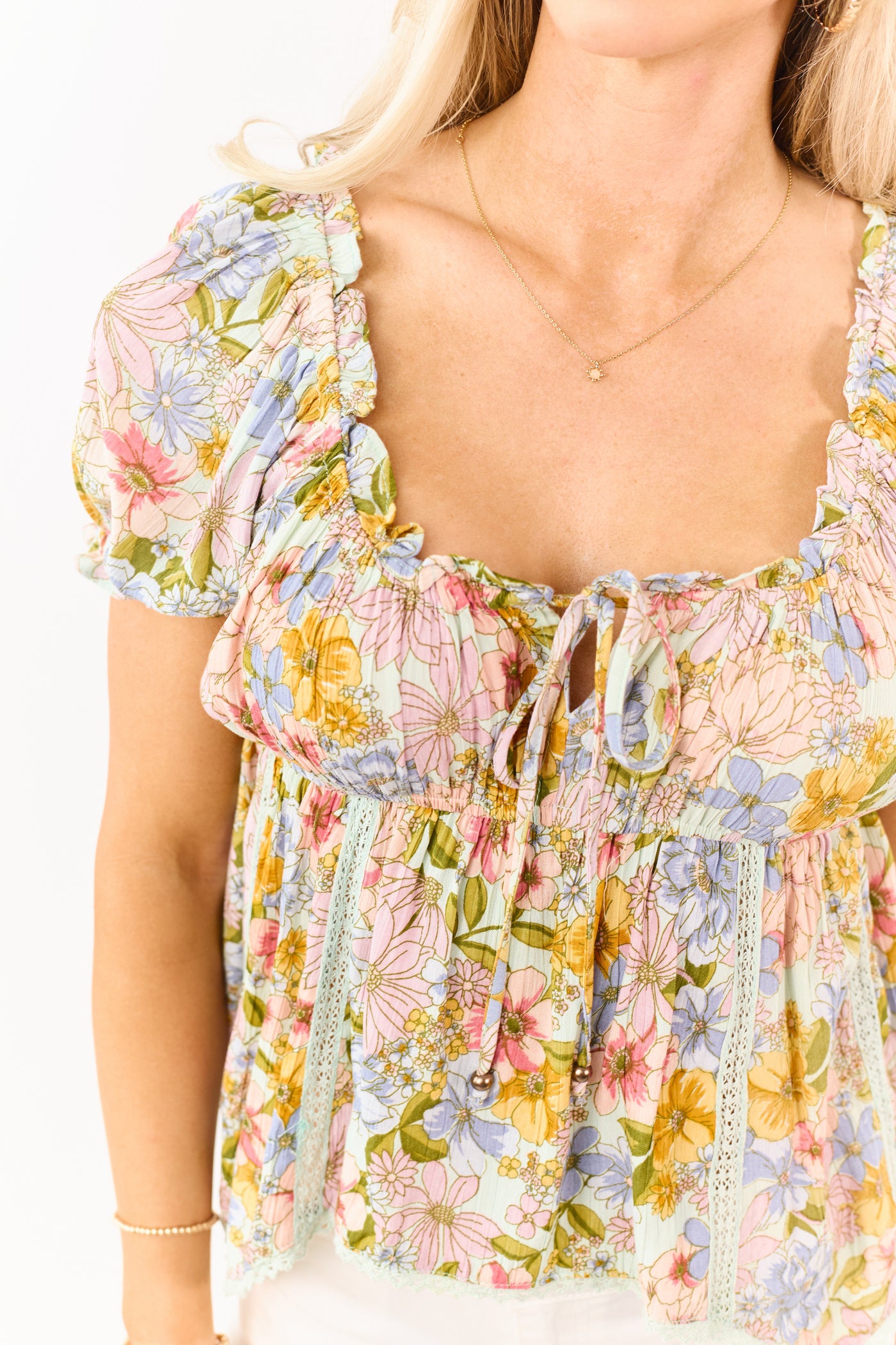 Mint Floral Print Puff Sleeve Babydoll Top