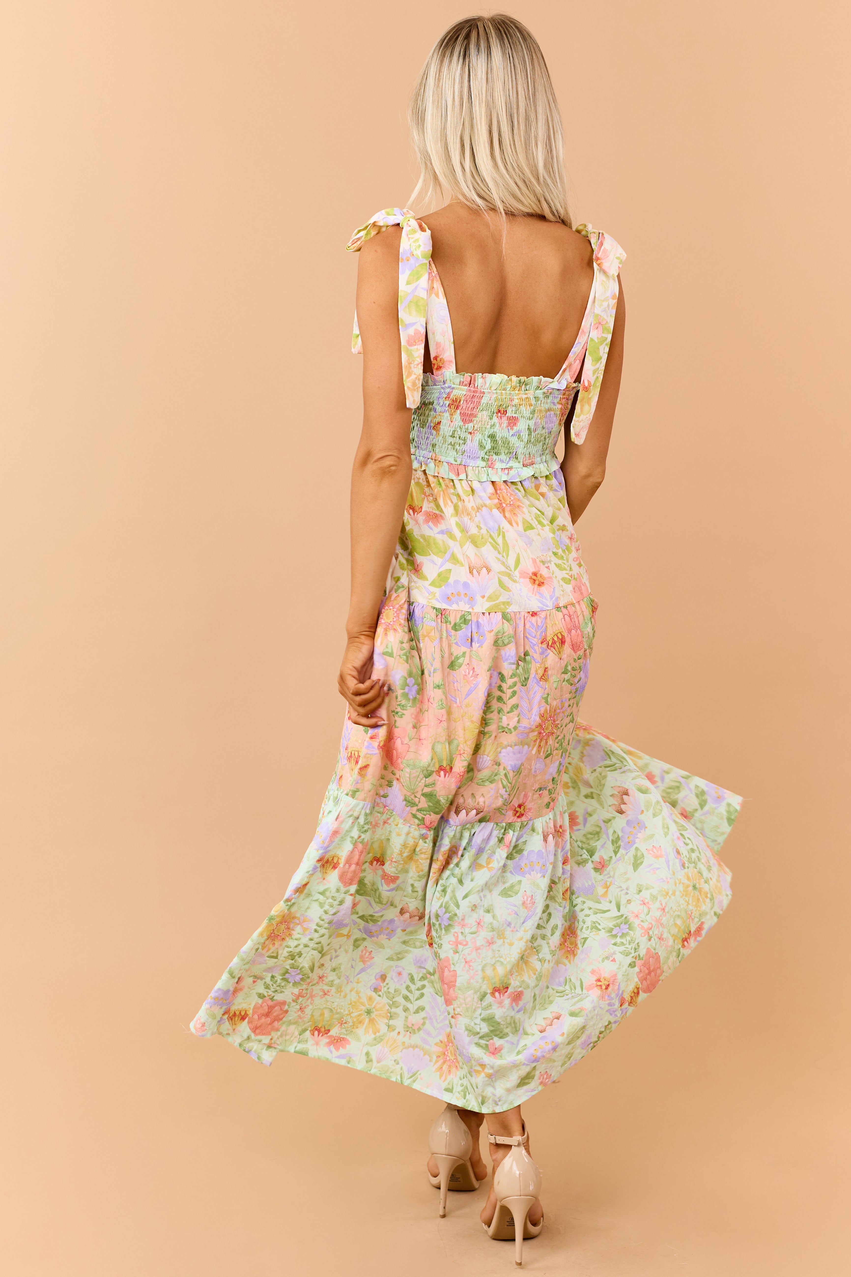 Mint Floral Print Tiered Smocked Maxi Dress