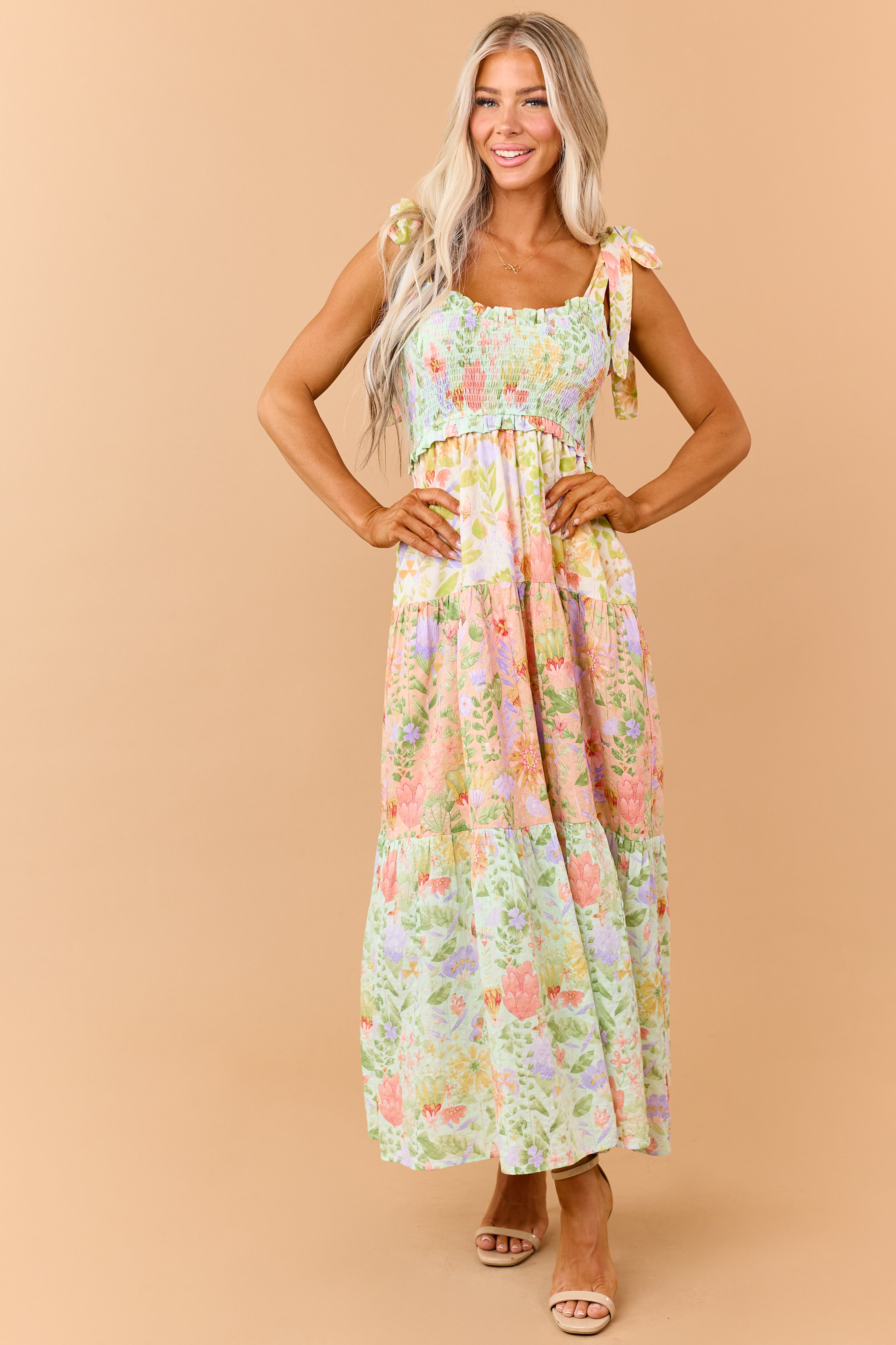 Mint Floral Print Tiered Smocked Maxi Dress