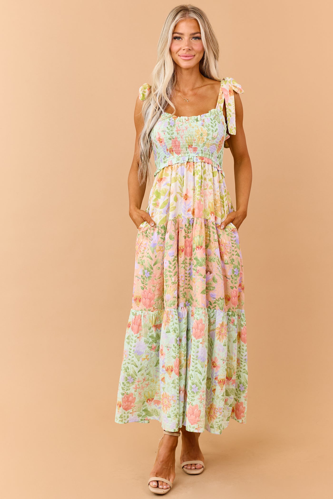 Mint Floral Print Tiered Smocked Maxi Dress