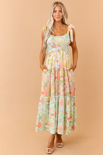 Mint Floral Print Tiered Smocked Maxi Dress