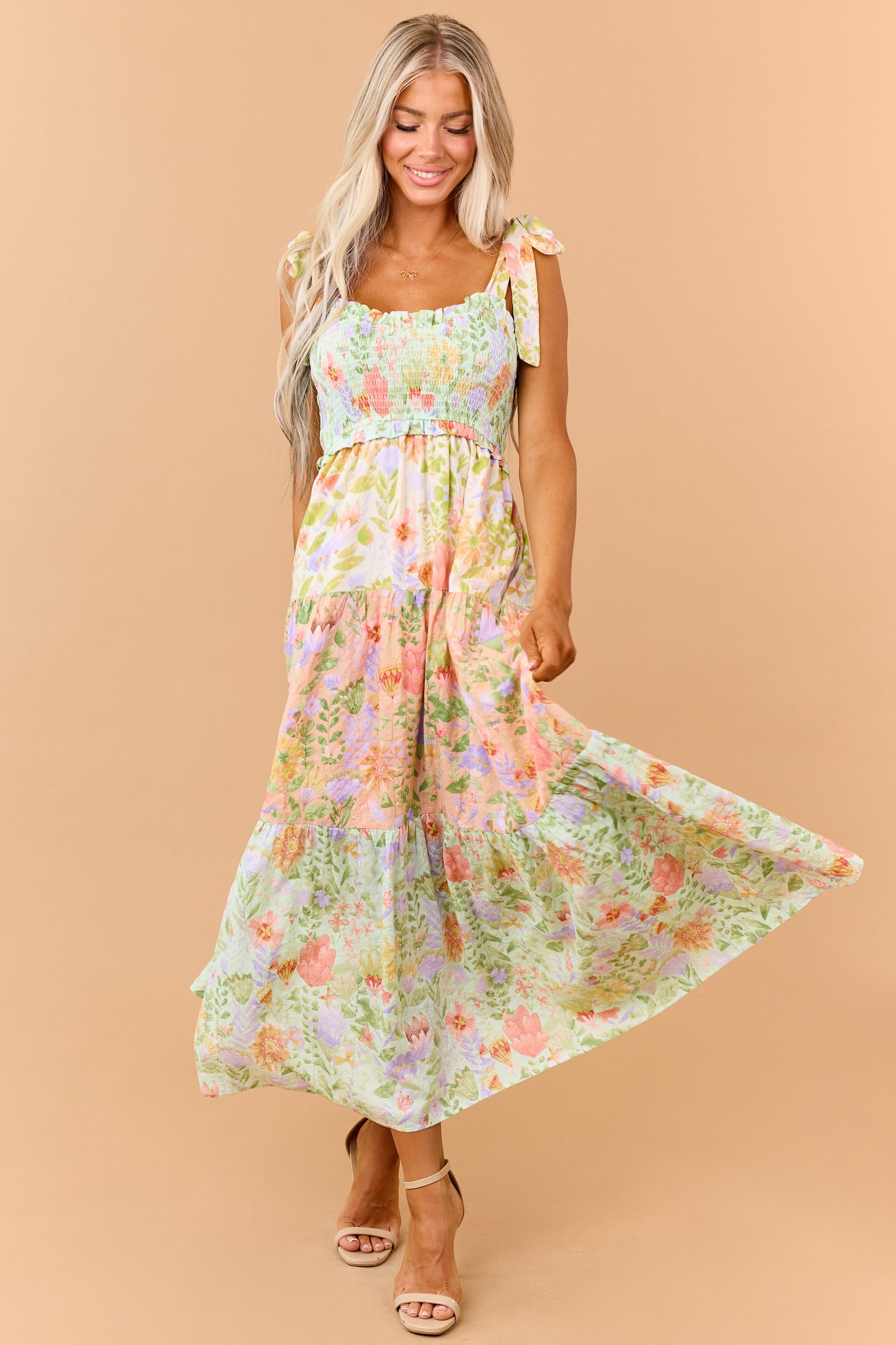 Mint Floral Print Tiered Smocked Maxi Dress