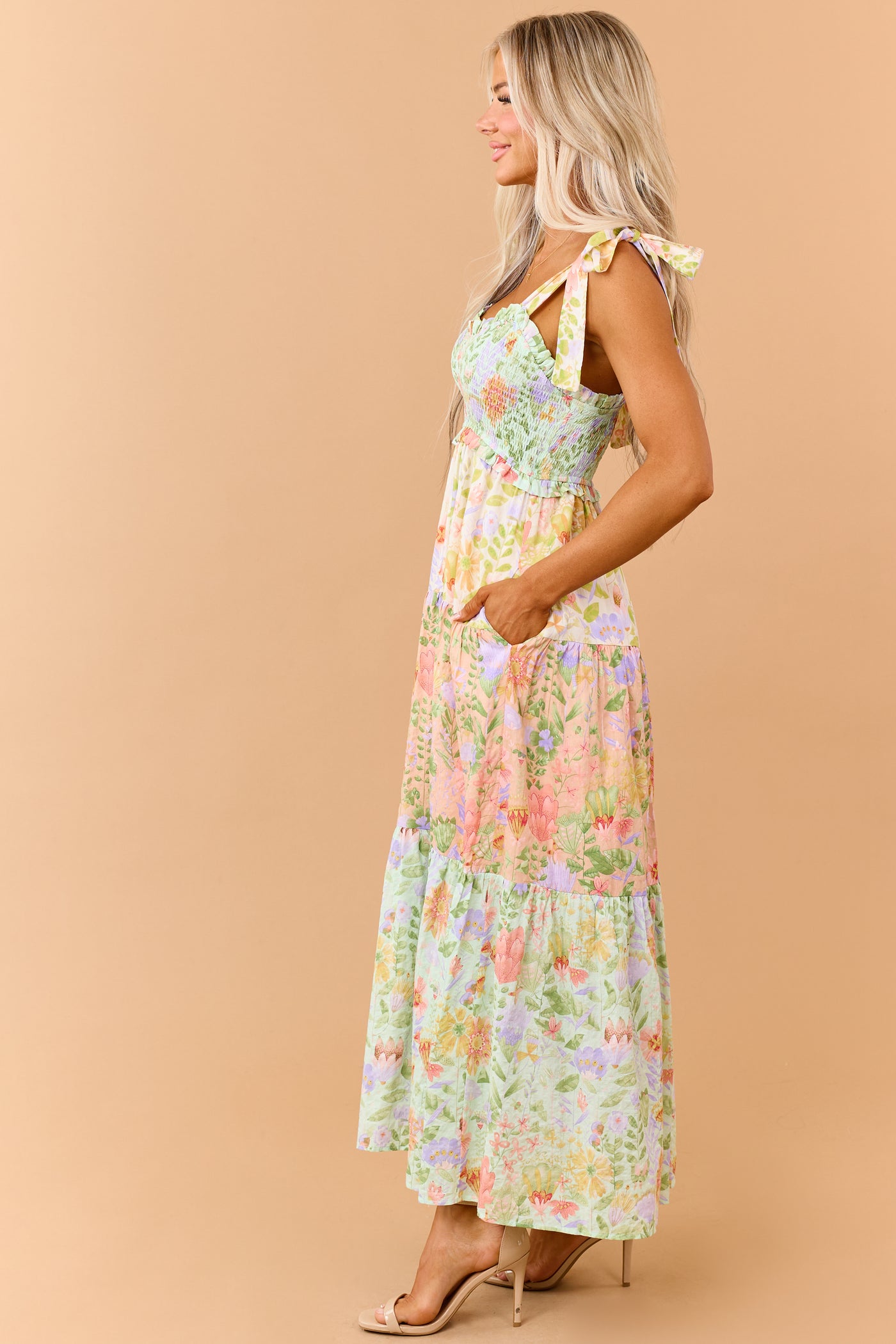 Mint Floral Print Tiered Smocked Maxi Dress