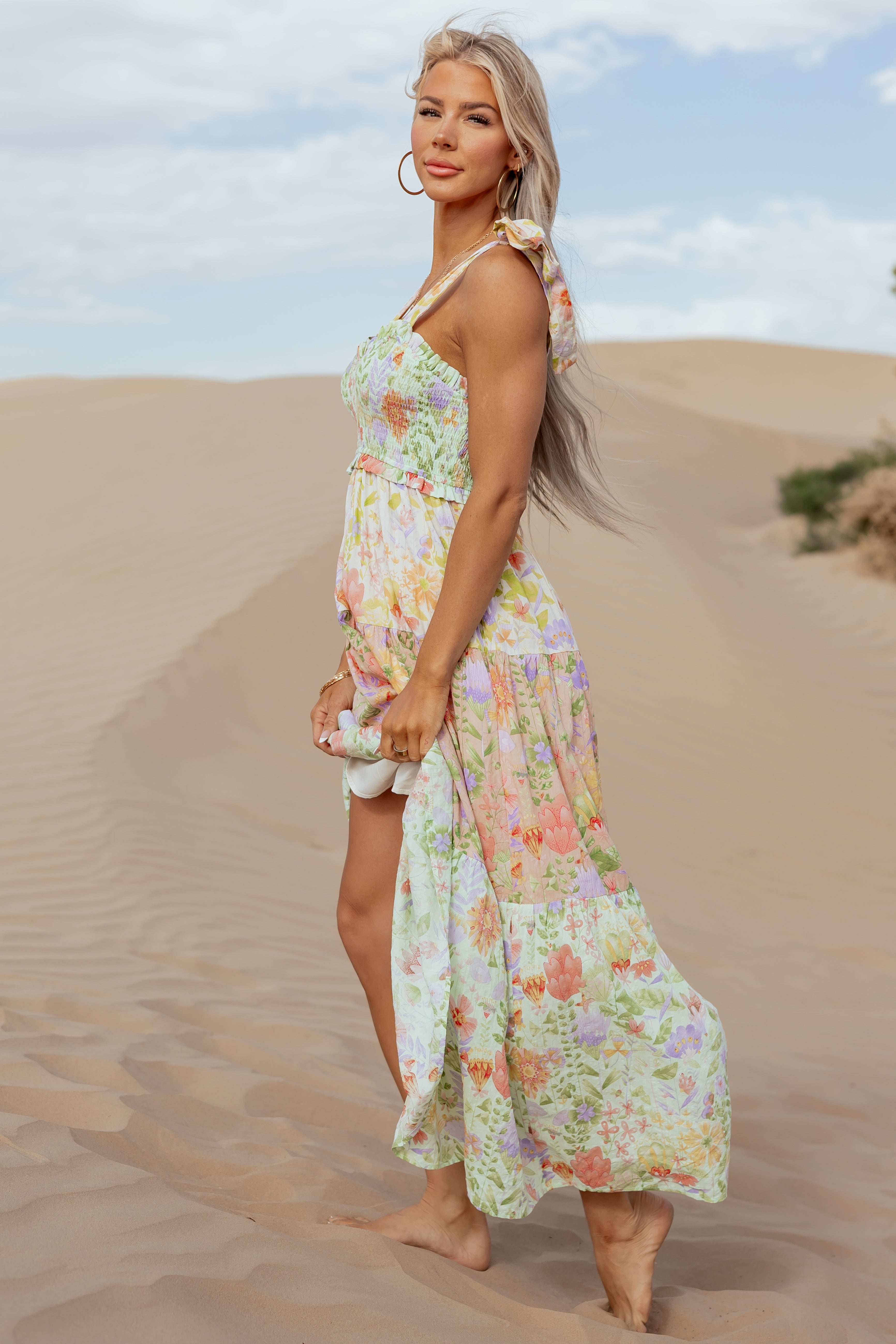 Mint Floral Print Tiered Smocked Maxi Dress