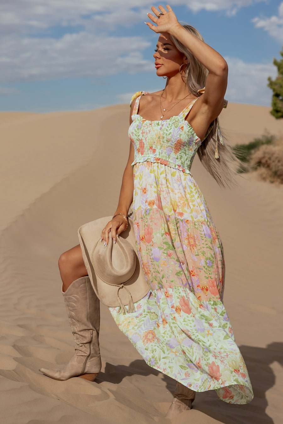 Mint Floral Print Tiered Smocked Maxi Dress