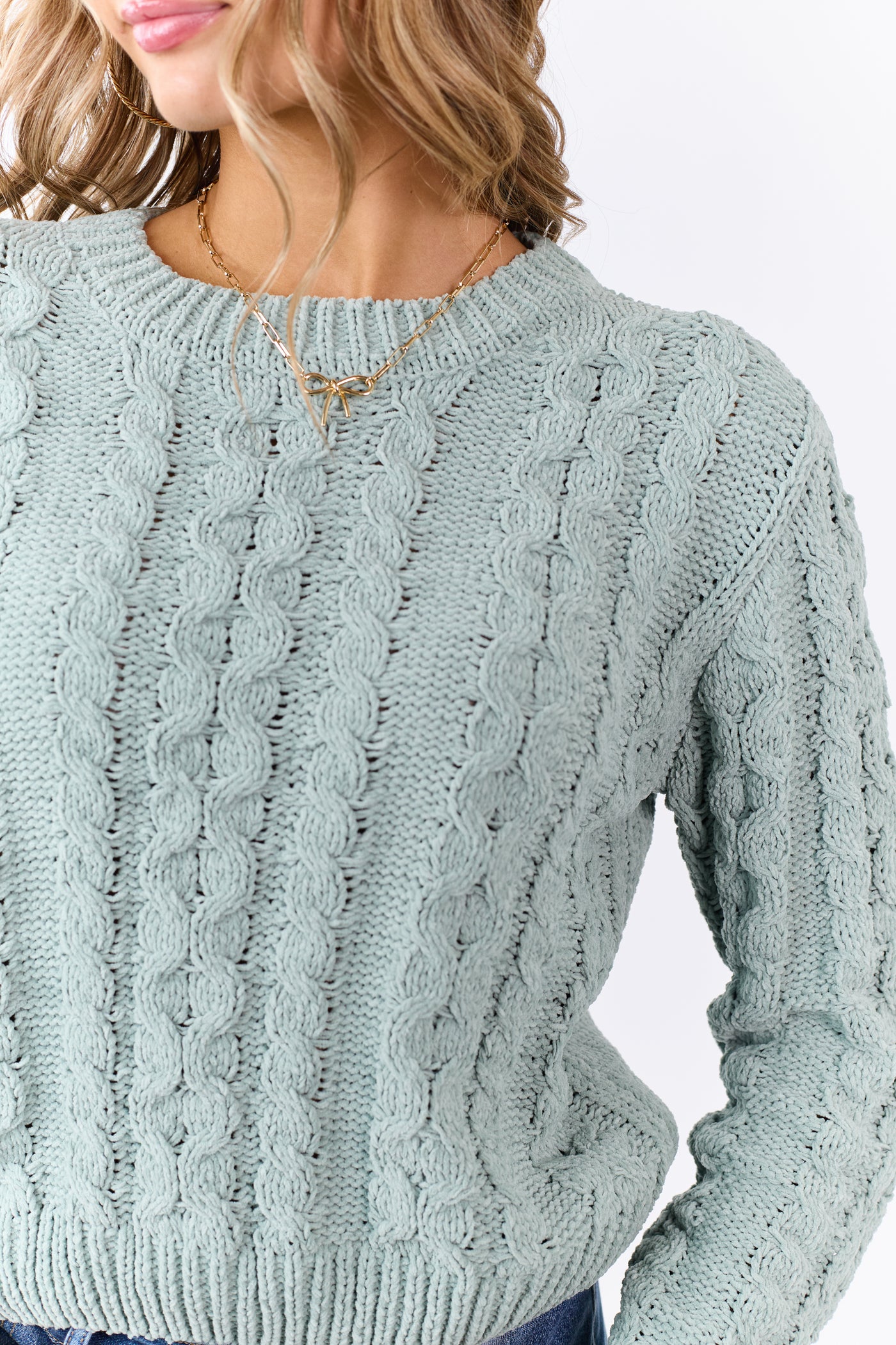Mint Green Chenille Cable Knit Sweater