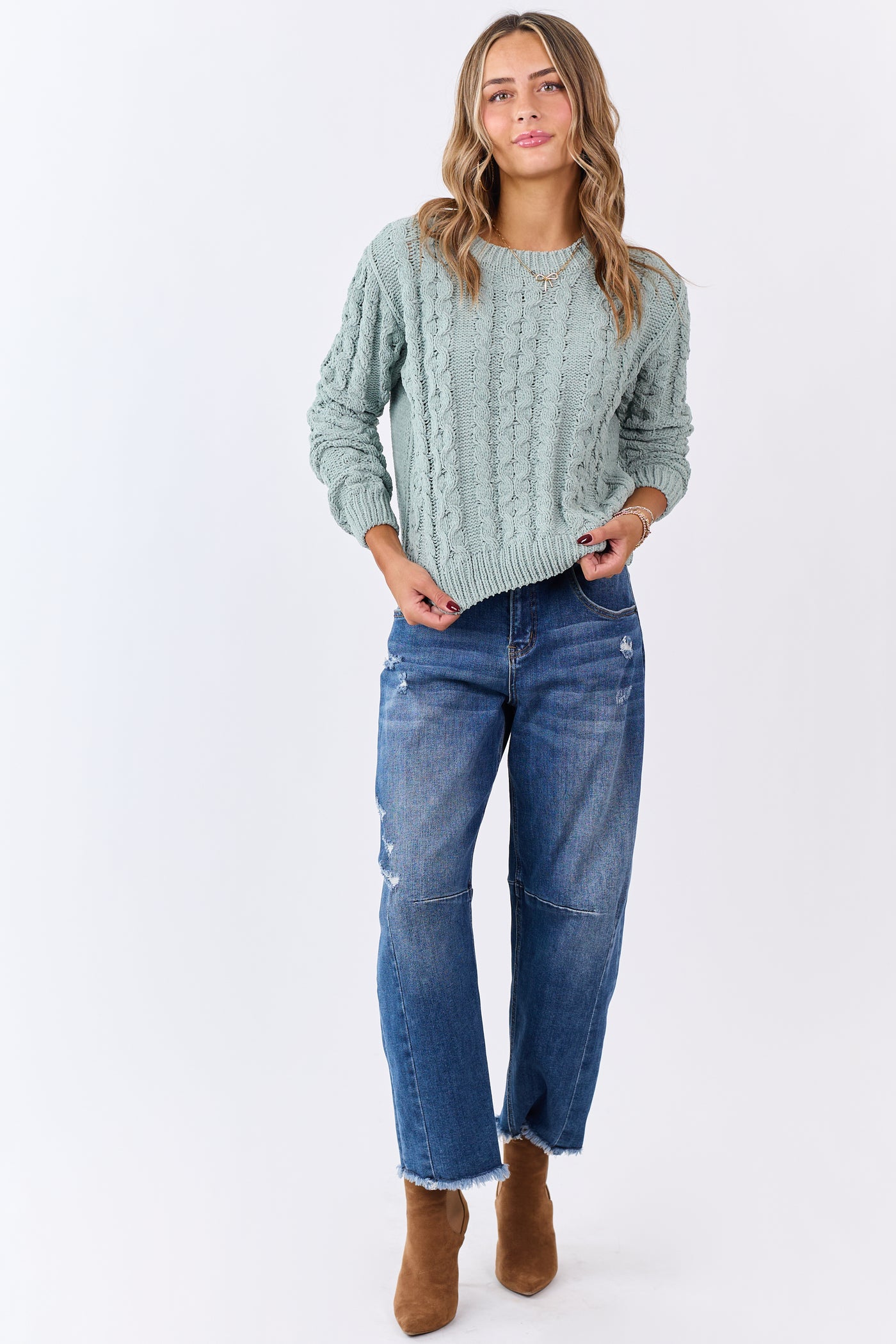 Mint Green Chenille Cable Knit Sweater